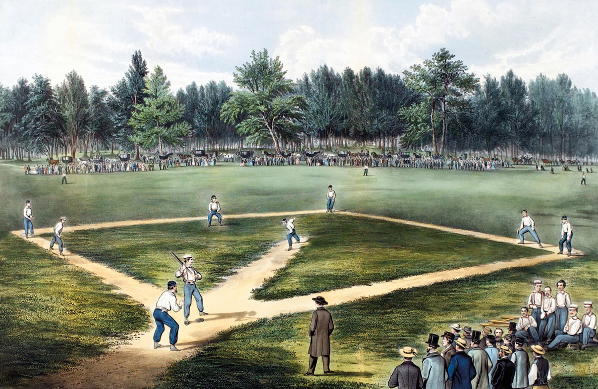 full-color lithograph of a circa 1846 baseball game being played in a field surrounded by trees, with a crowd watching.