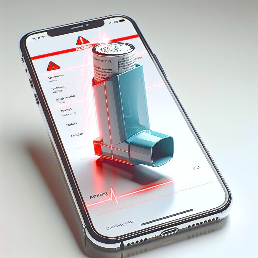 an inhaler on a smartphone, signifying asthma-prediction application