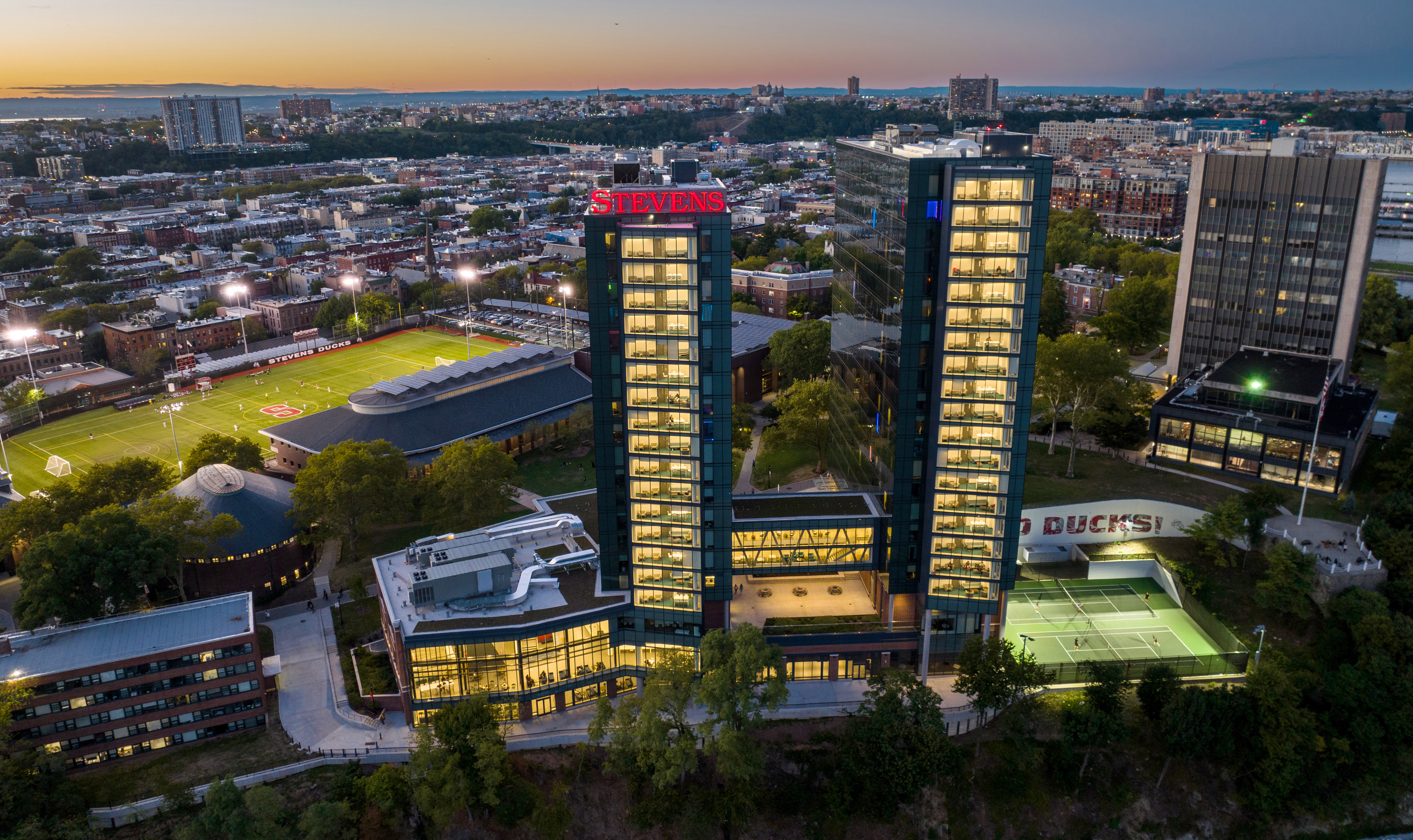 View of Stevens campus from above with University Center in foreground and campus behind.