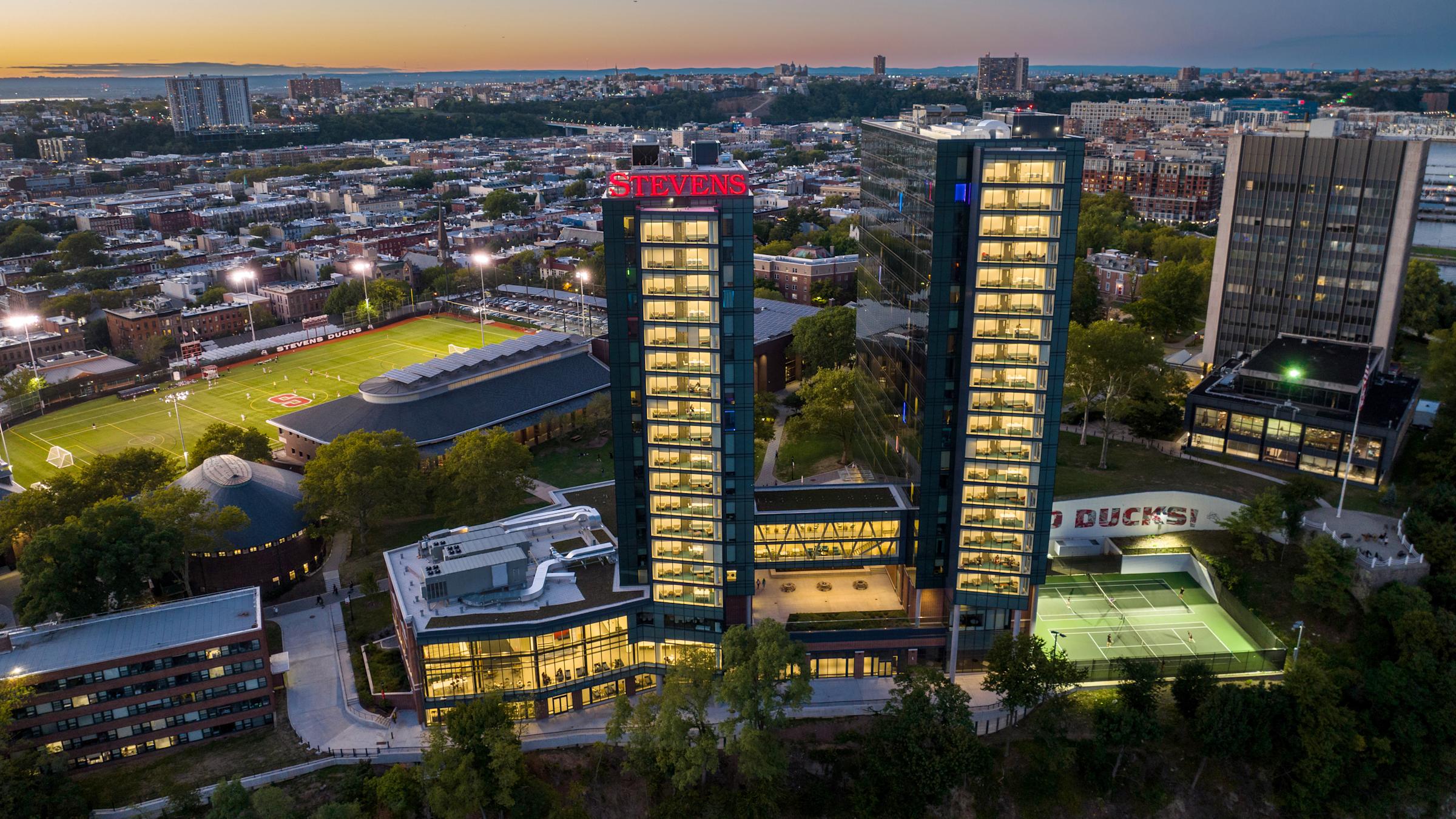 View of Stevens campus from above with University Center in foreground and campus behind.