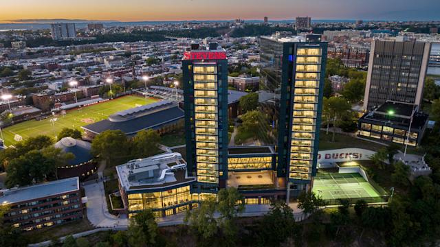 View of Stevens campus from above with University Center in foreground and campus behind.