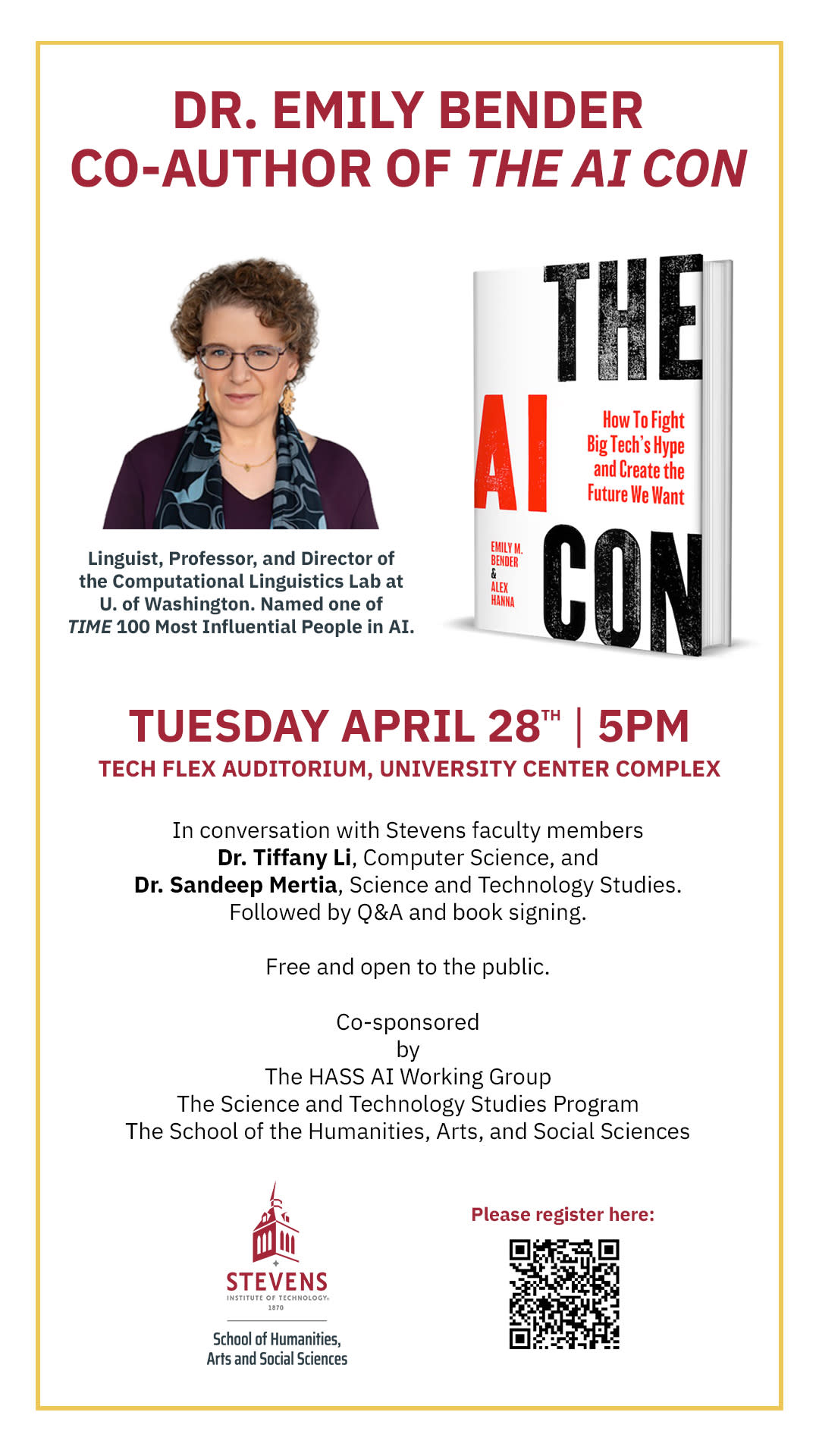 Flyer for event, Dr. Emily Bender, Co-Author of The AI Con, Tuesday, April 28, 5PM