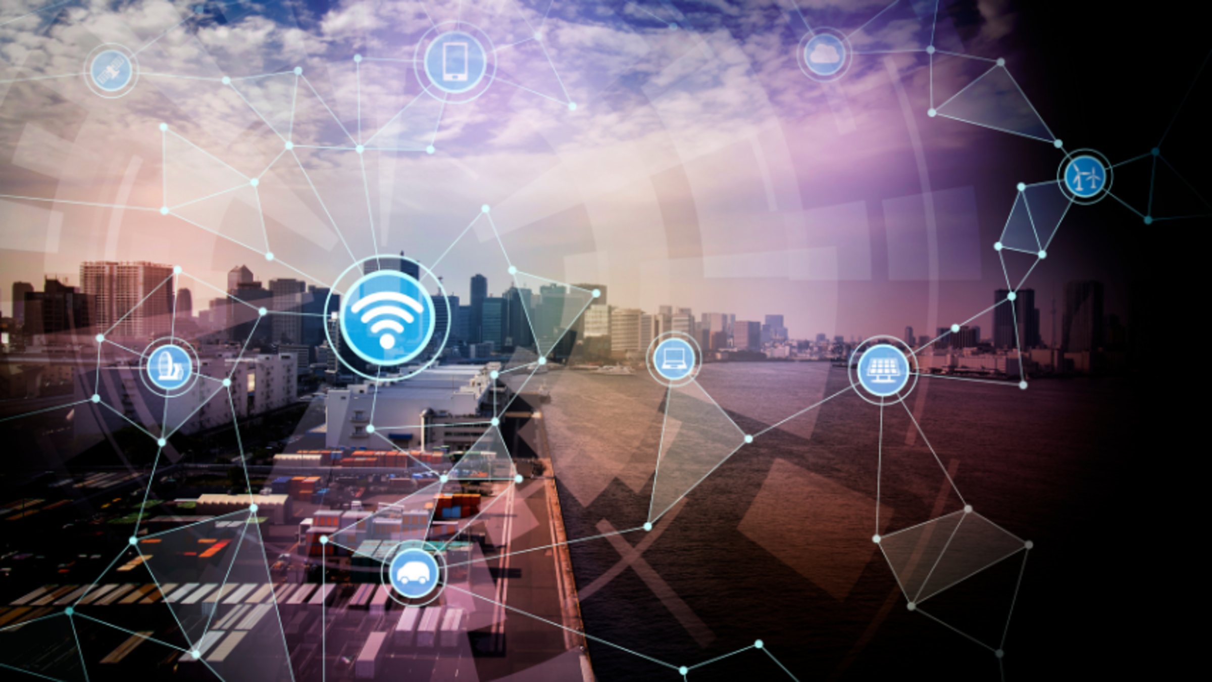 A graphic of a city skyline overlaid with connecting lines and various icons.