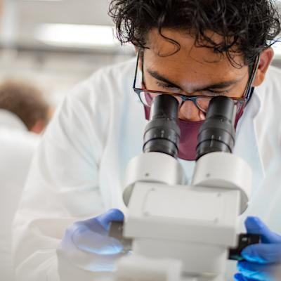 Male student looking in microscope