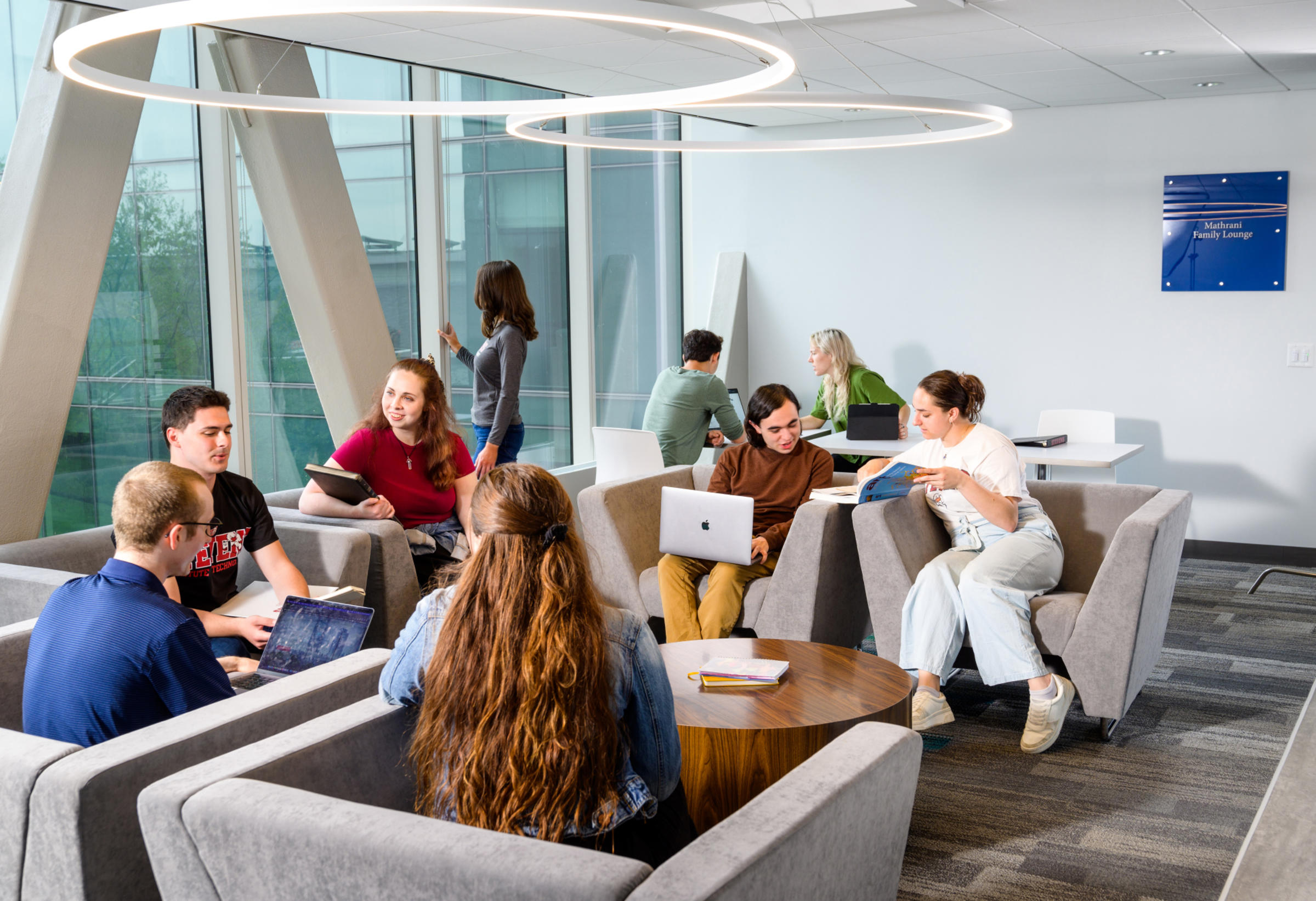 Students socialize in the Skybridge.