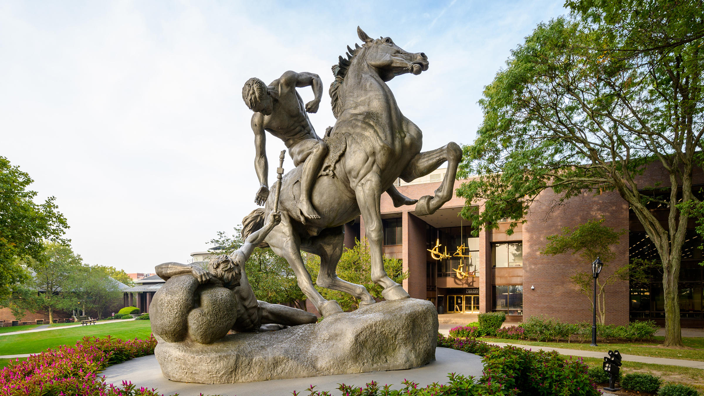 The Torch Bearers sculpture on Stevens campus.