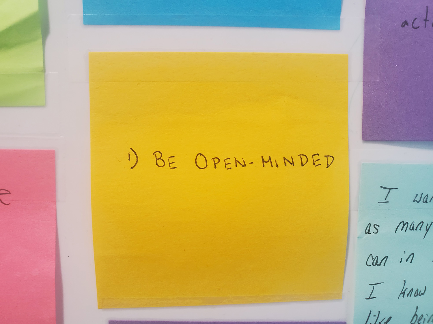 Post-It note showing Be open-minded
