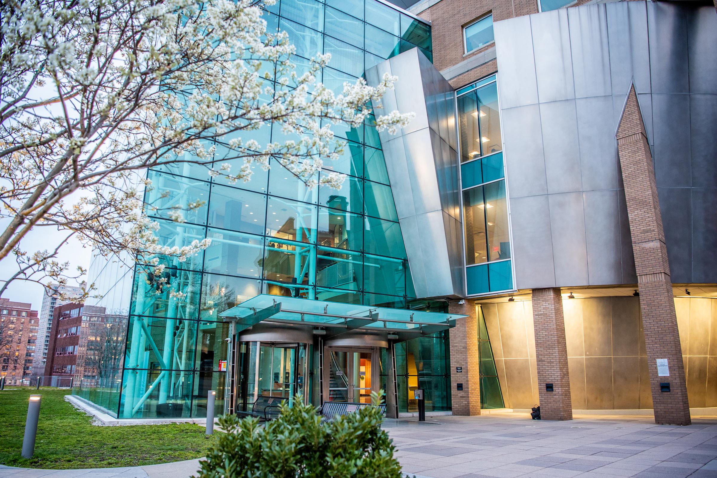 Entrance to Babbio Center with blossoming tree in foreground.