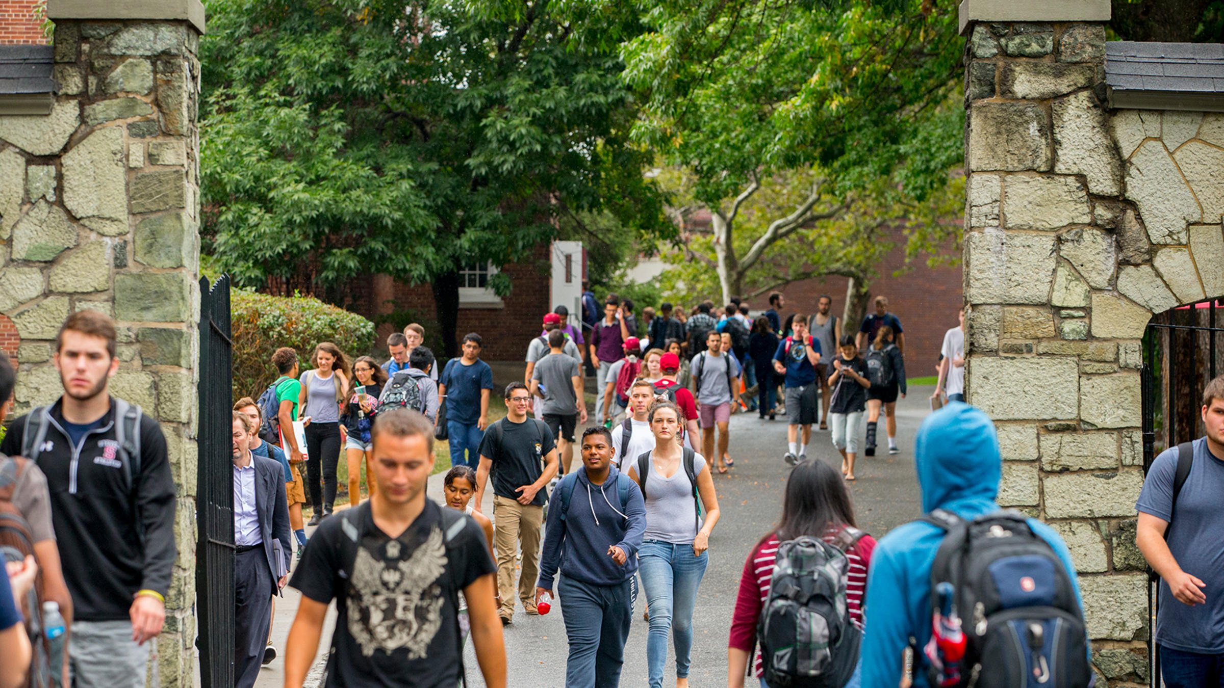 Students walking down Wittpenn Walk on Stevens Campus