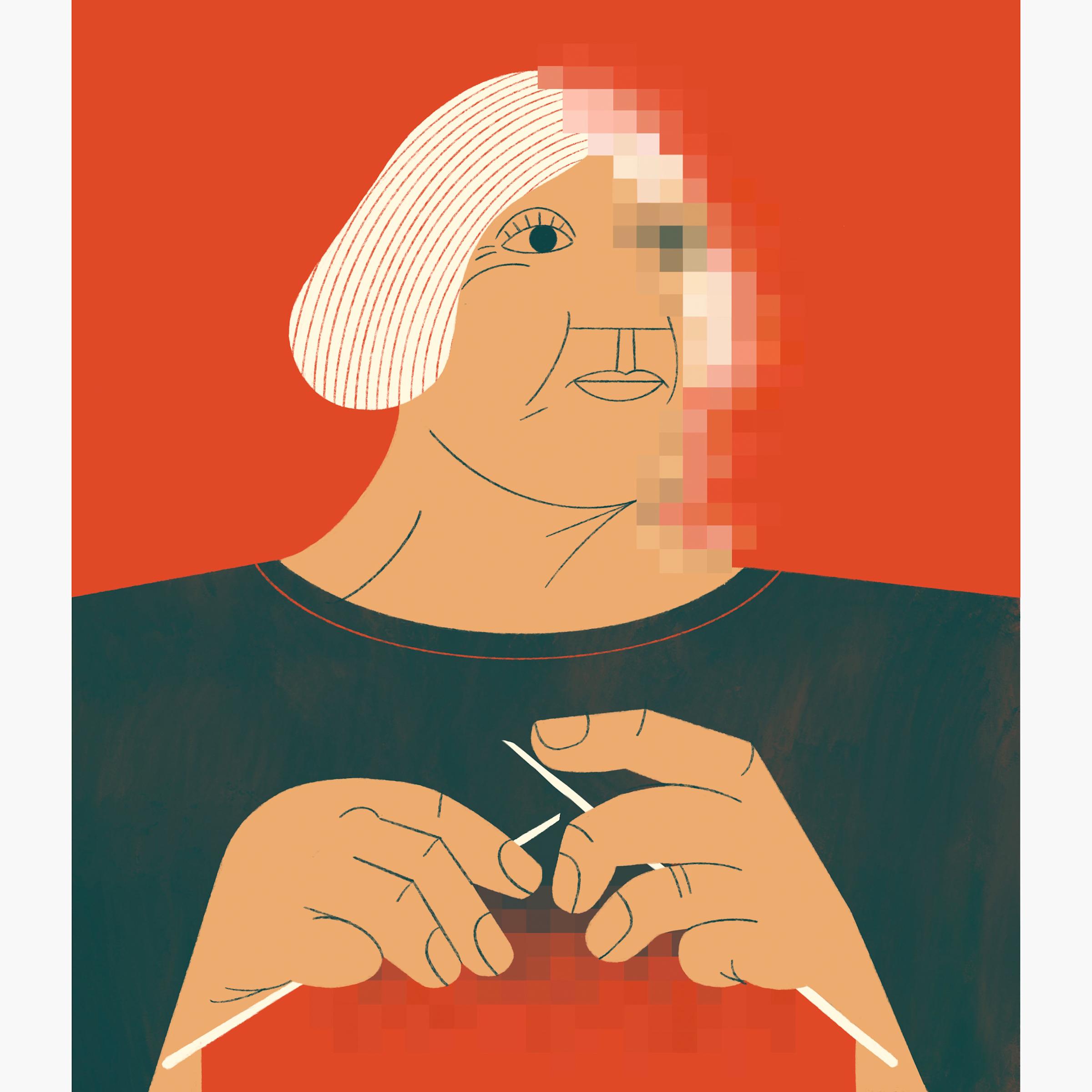 Illustration of an older person knitting while their face becomes fuzzy and pixelated.