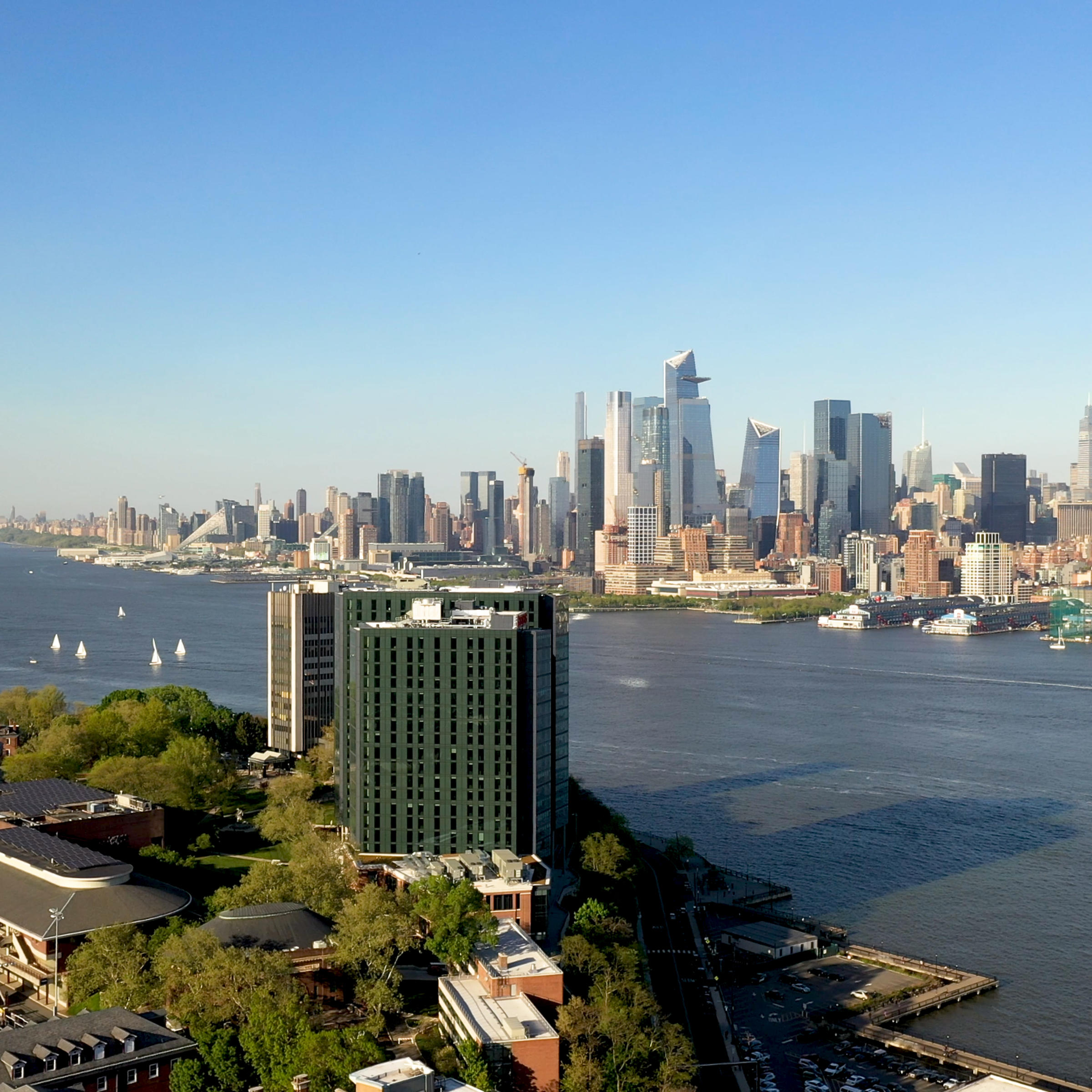 arial view of campus and Hudson River