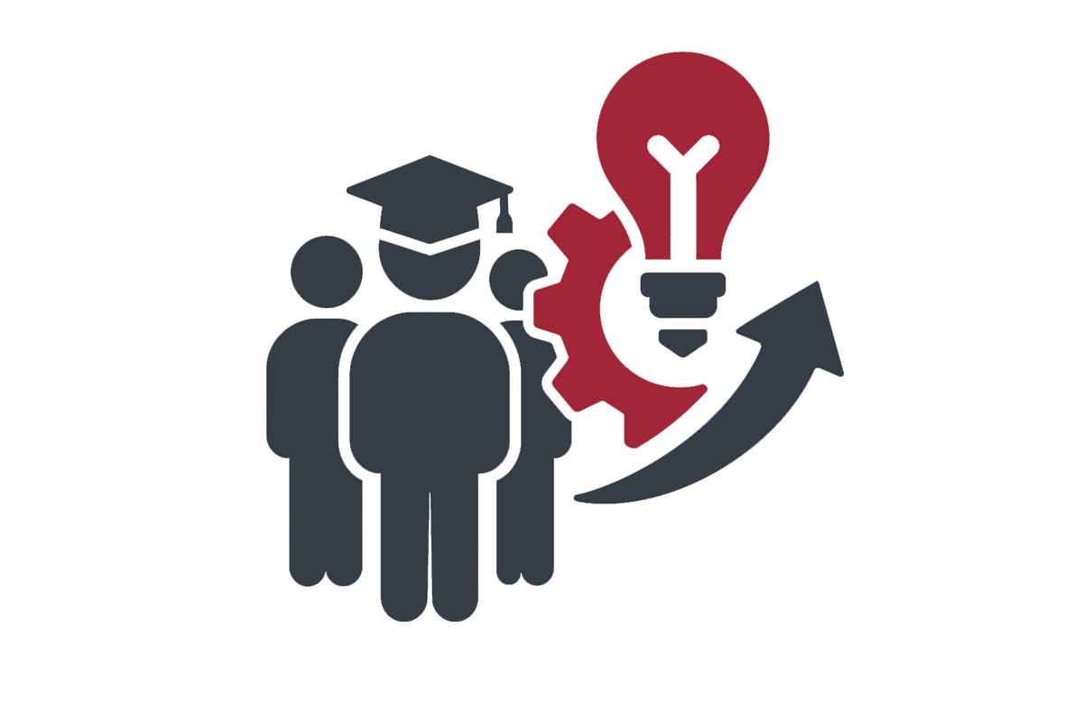 Illustration of students with graduation cap and icons of a lightbulb and gear, with a directional upward arrow.