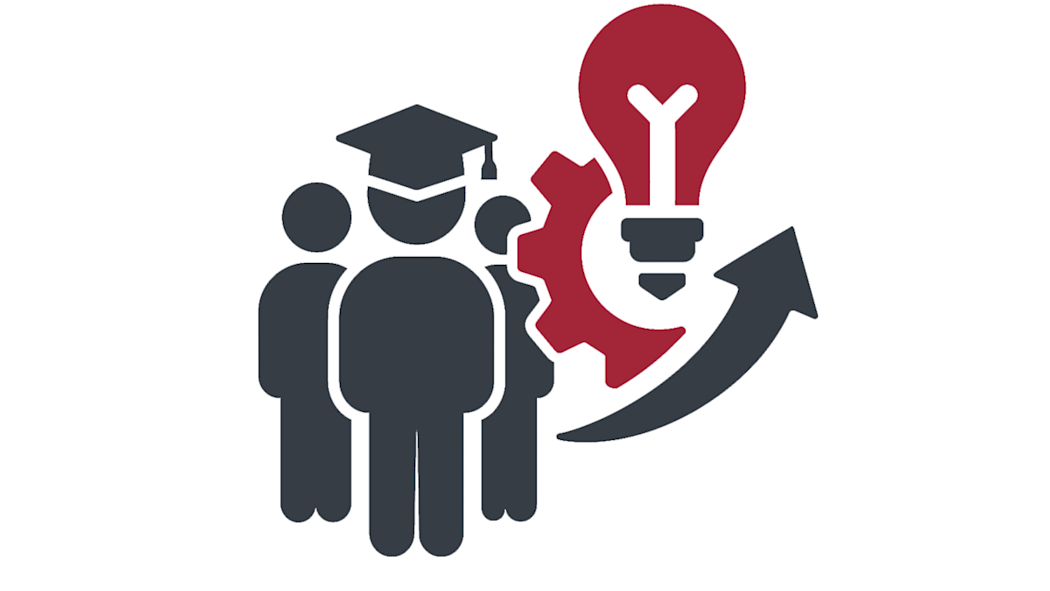 Illustration of students with graduation cap and icons of a lightbulb and gear, with a directional upward arrow.