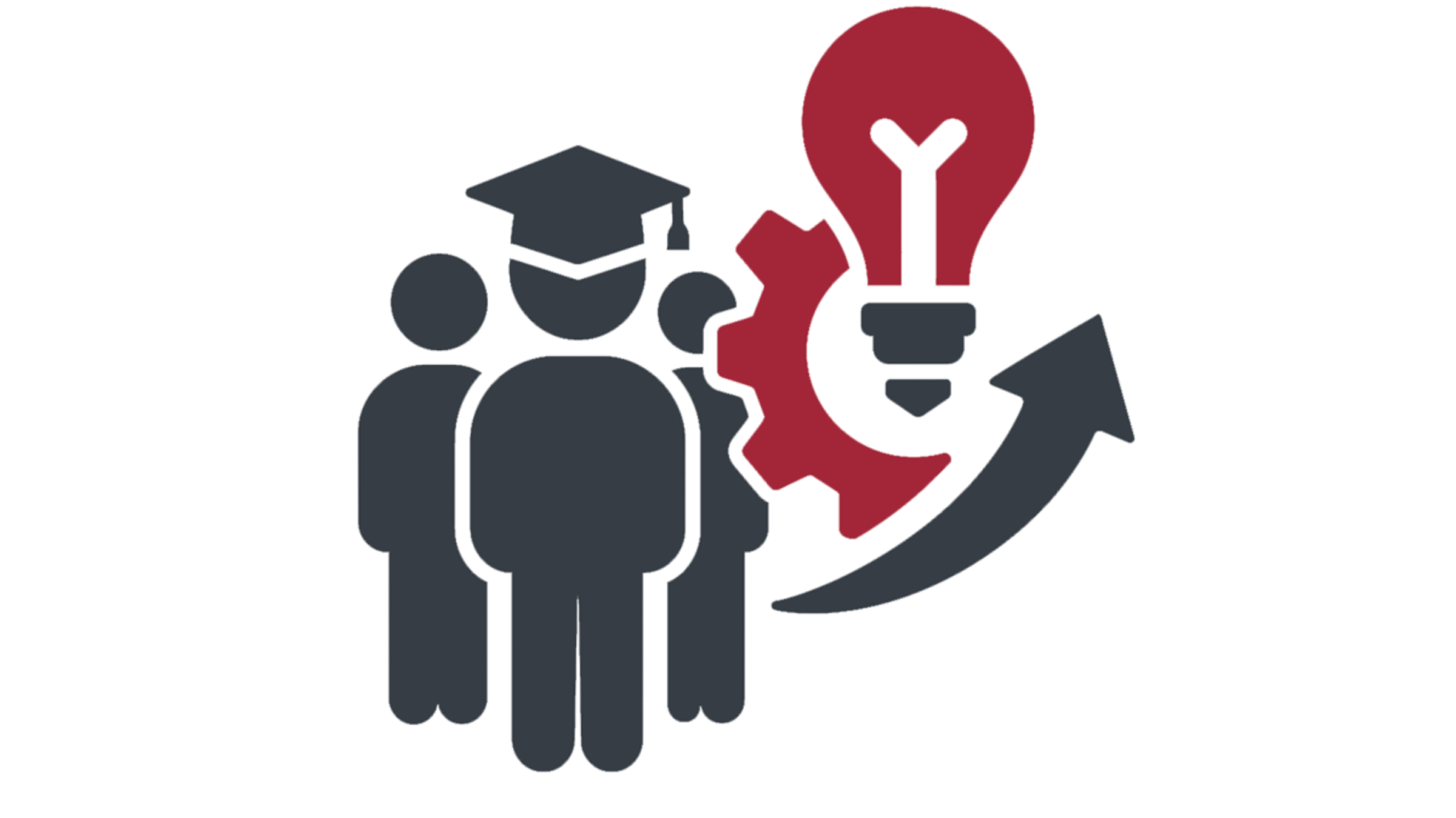 Illustration of students with graduation cap and icons of a lightbulb and gear, with a directional upward arrow.