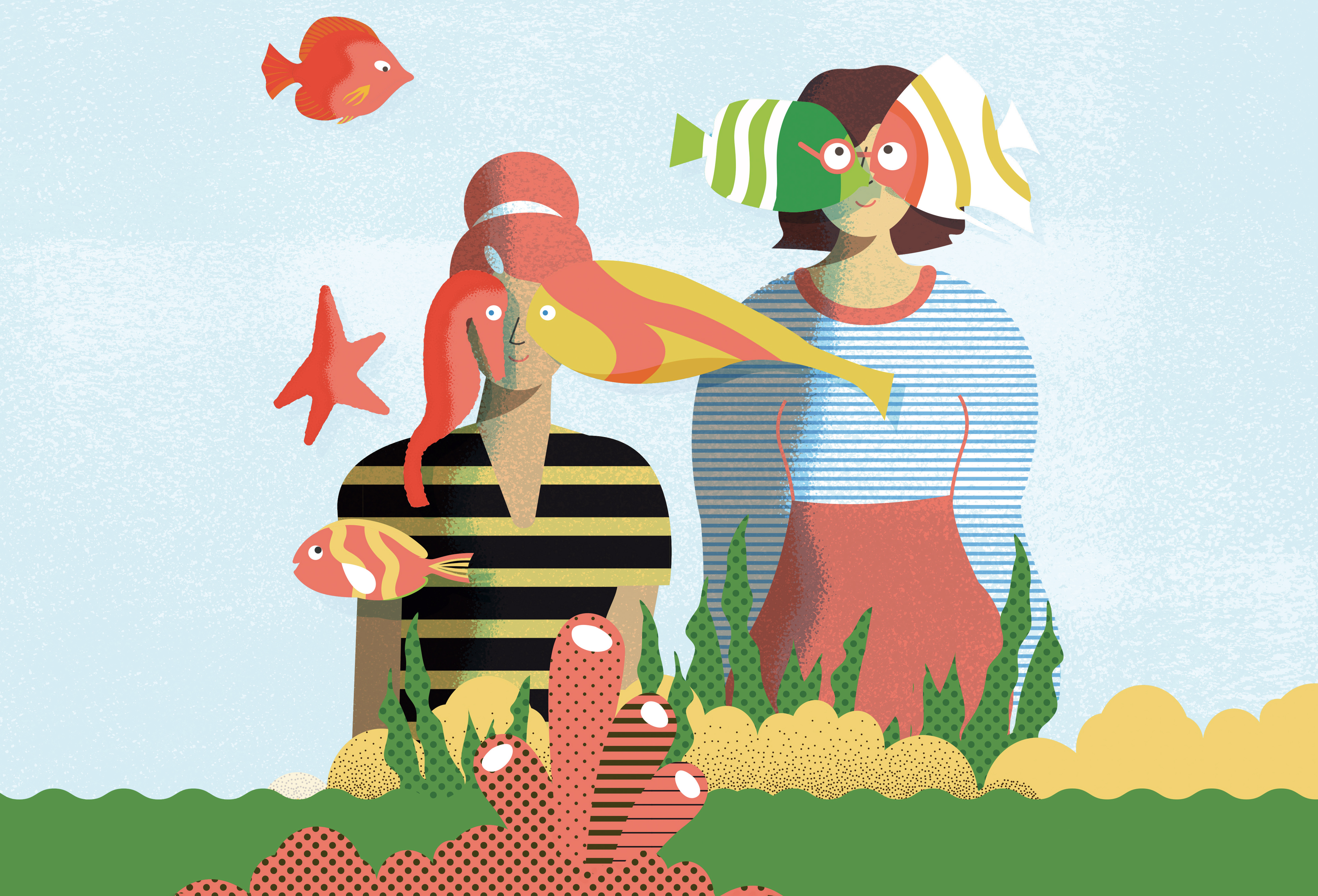 Illustration of two people in an aquarium looking at fish