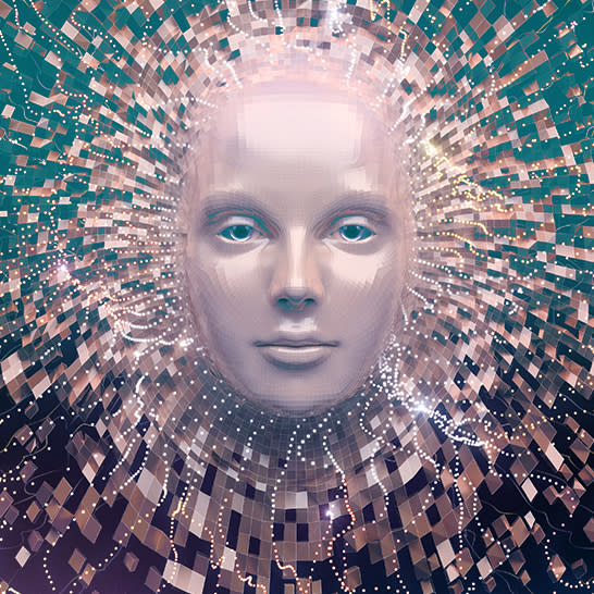 Robot face amid electronics