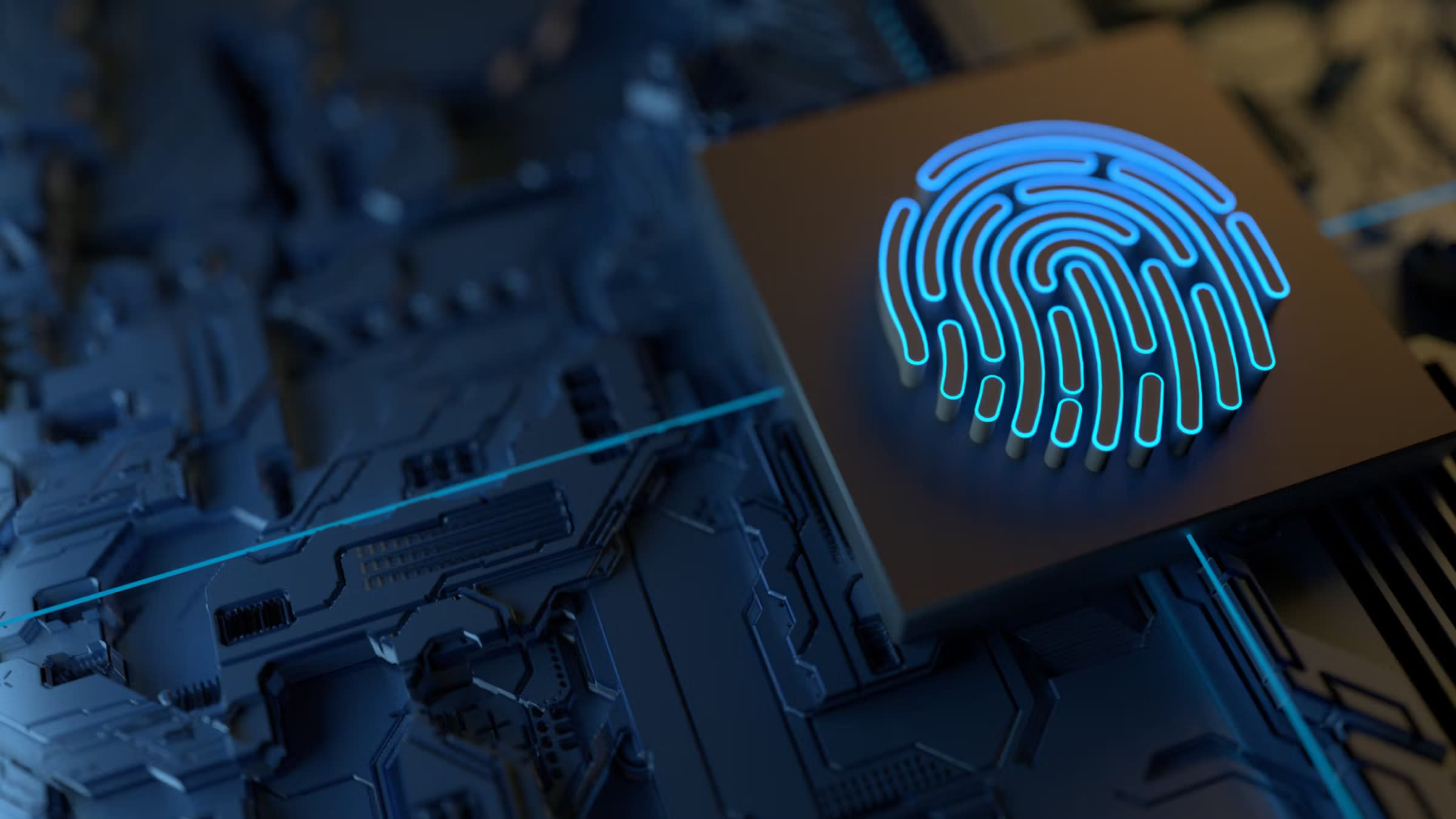 Thumb print on computer screen, signifying cybersecurity
