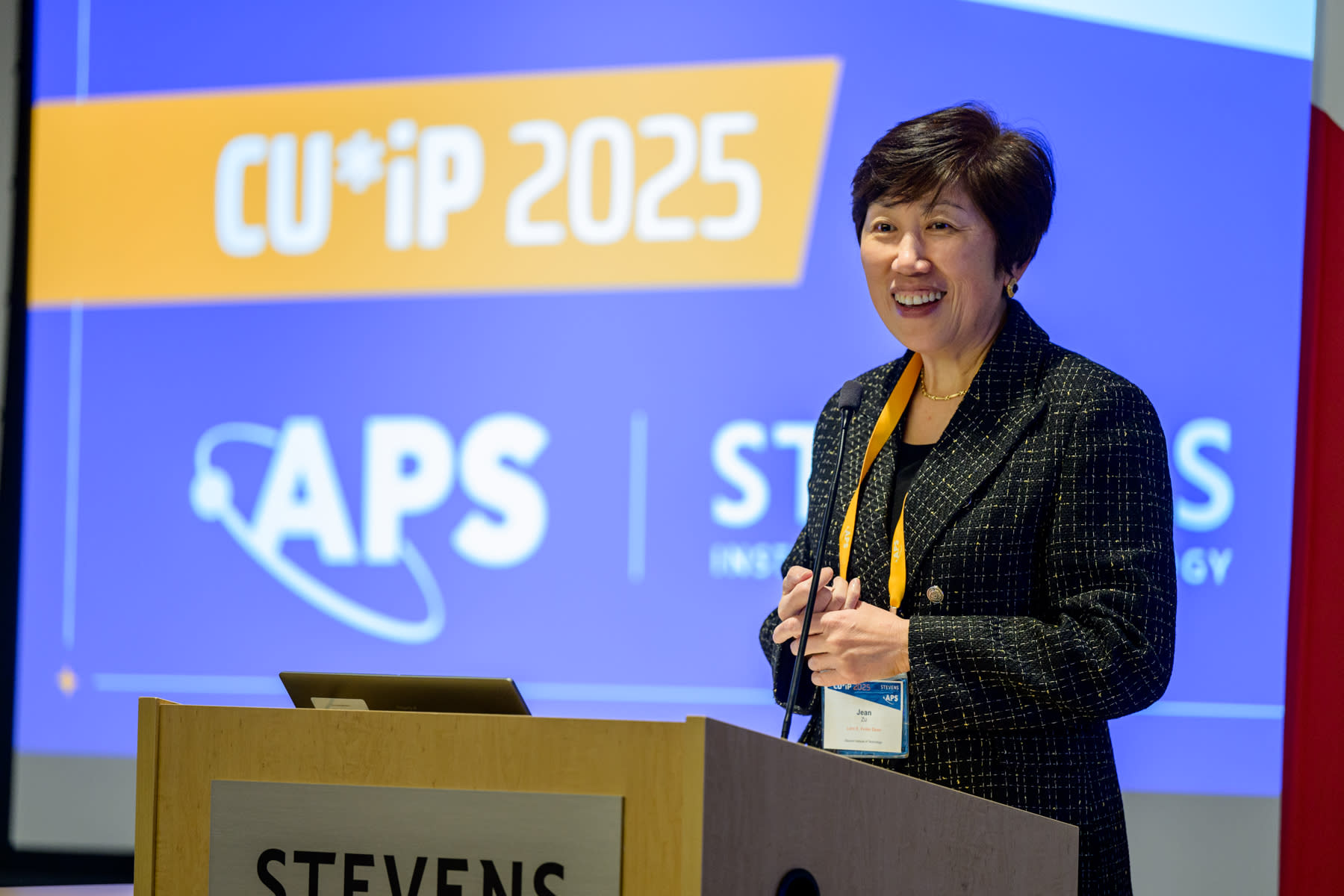 Schaefer School of Engineering and Science Lori E. Feiler Dean Jean Zu speaks at CU*IP 2025. 
