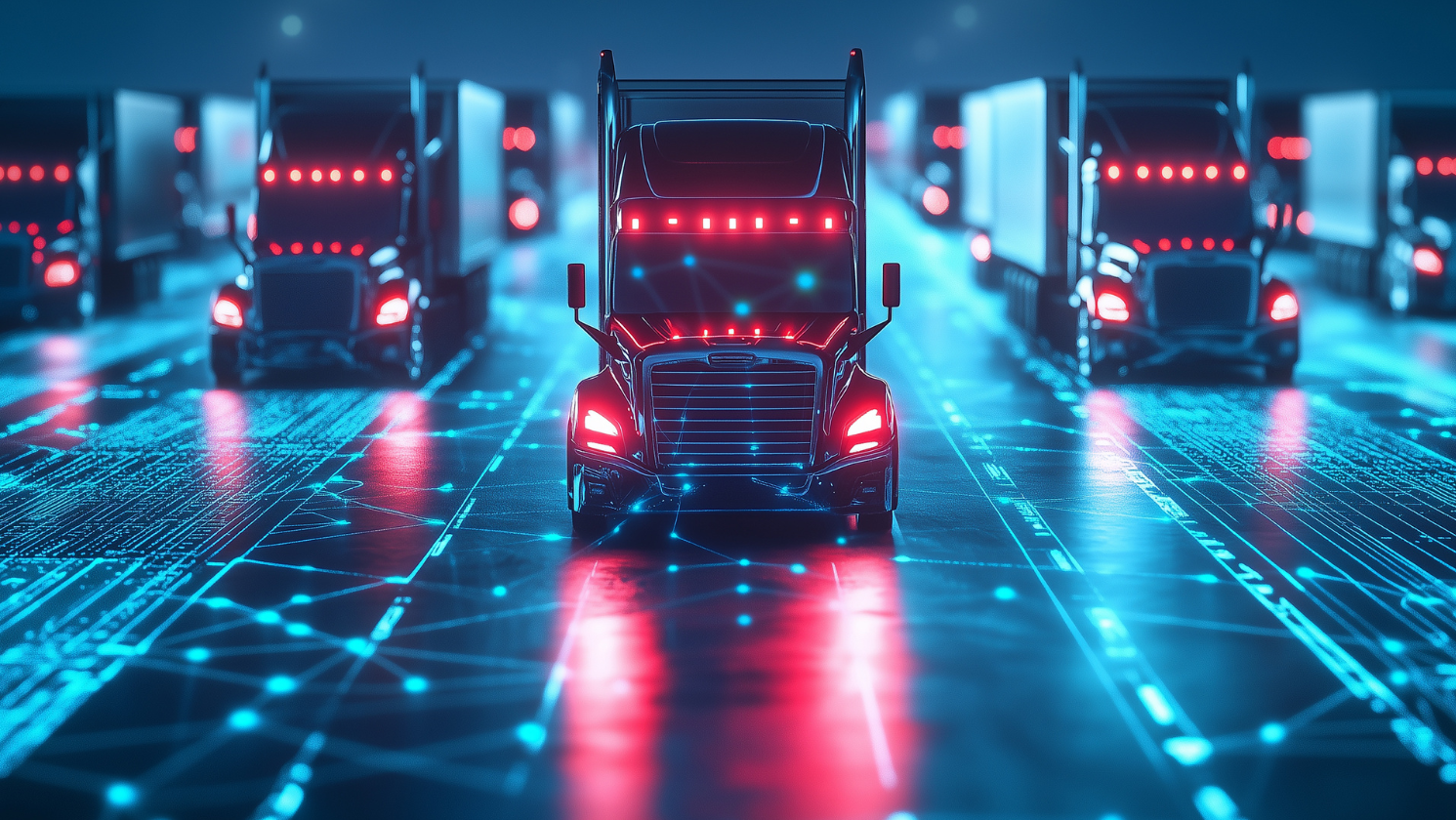 Modern tech logistics network. AI-powered cargo transport trucks. Import export industry. Optimized transportation. Smart system.