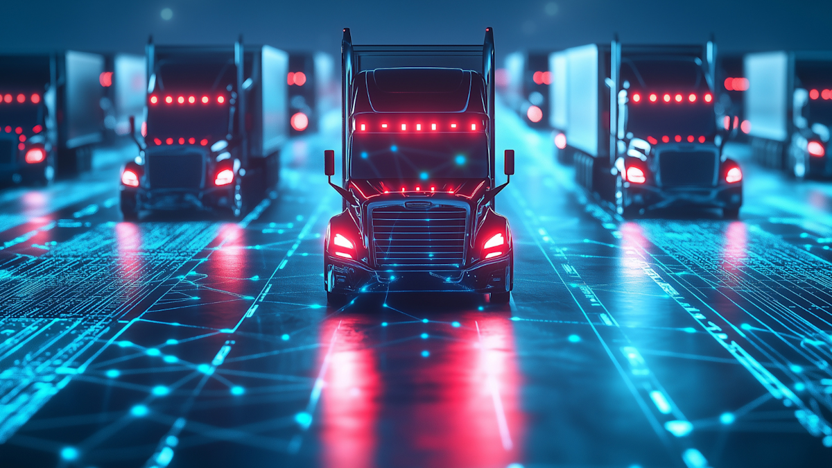 Modern tech logistics network. AI-powered cargo transport trucks. Import export industry. Optimized transportation. Smart system.