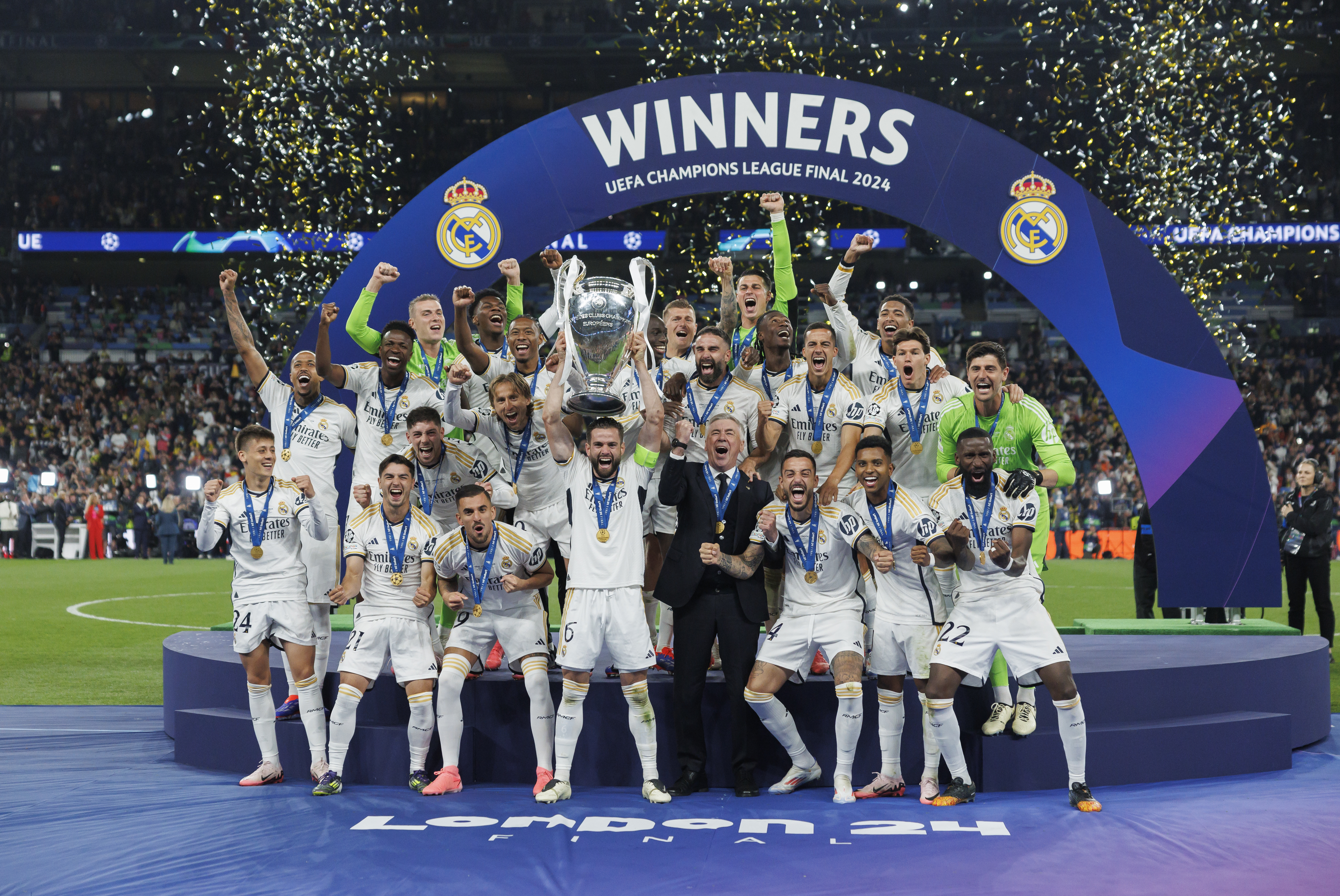 Real Madrid team holding up trophy