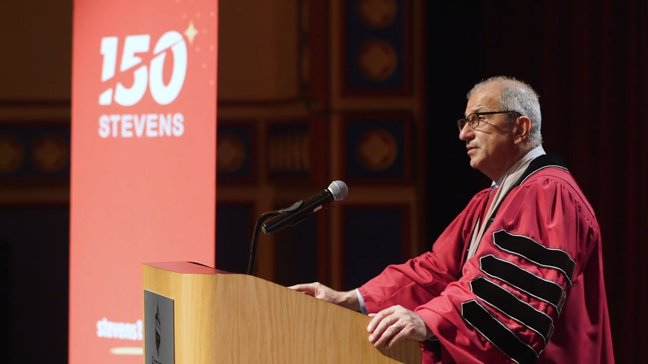 Stevens President Nariman Farvardin at the podium