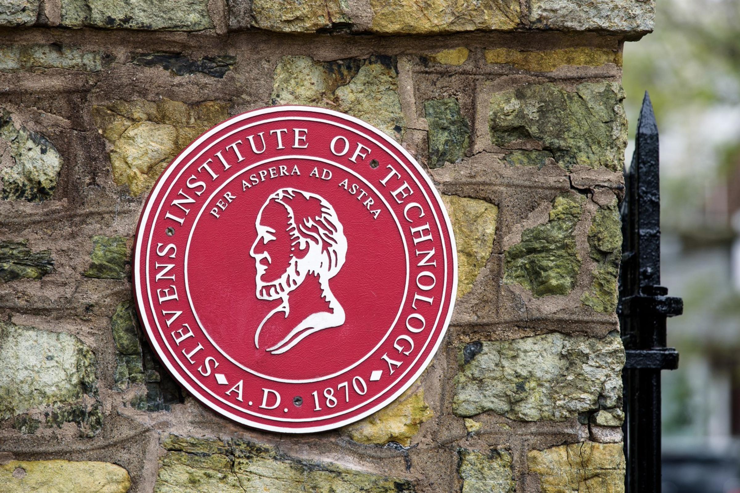 Stevens seal outside the entrance to campus