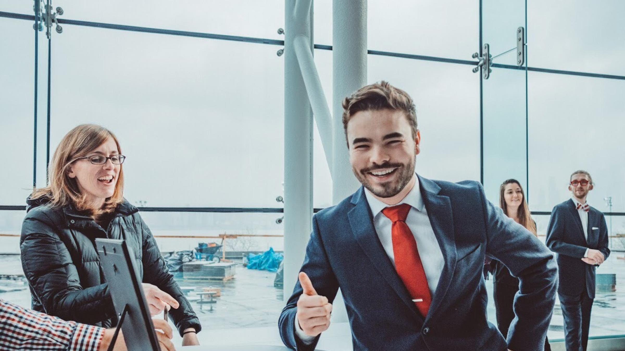 Inside the Babbio Center at Stevens, Lucas Gallo signs the oath of office to become the president of the Student Government Association