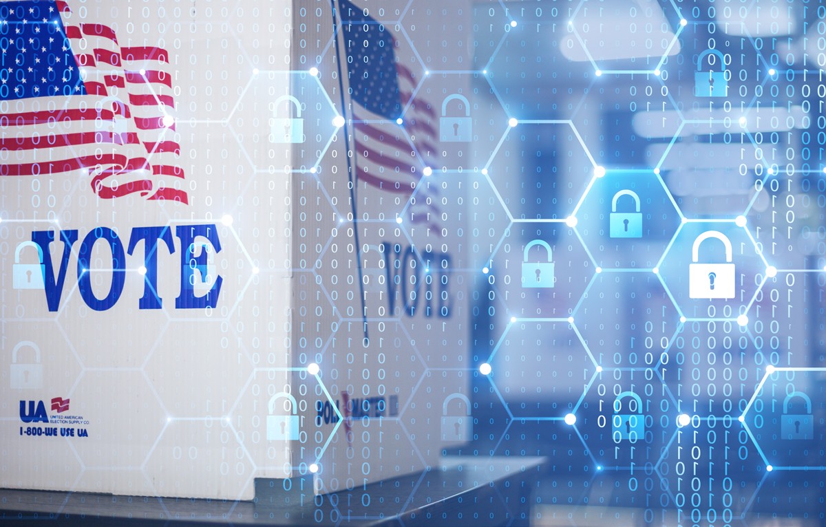 A "VOTE" sign with an American flag overlaid on digital code and security locks.