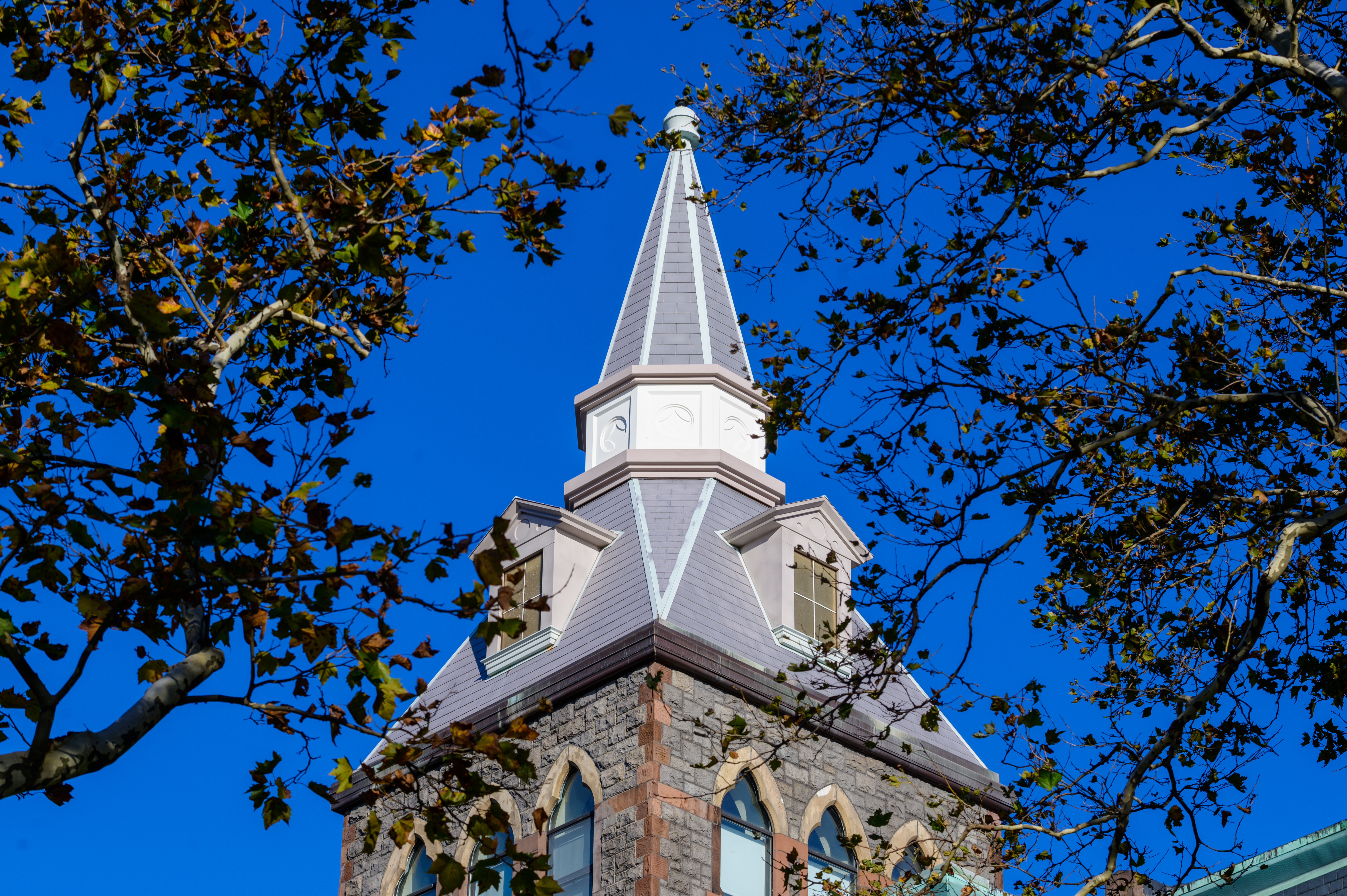 The steeple of the Edwin A. Stevens building at Stevens Institute of Technology.