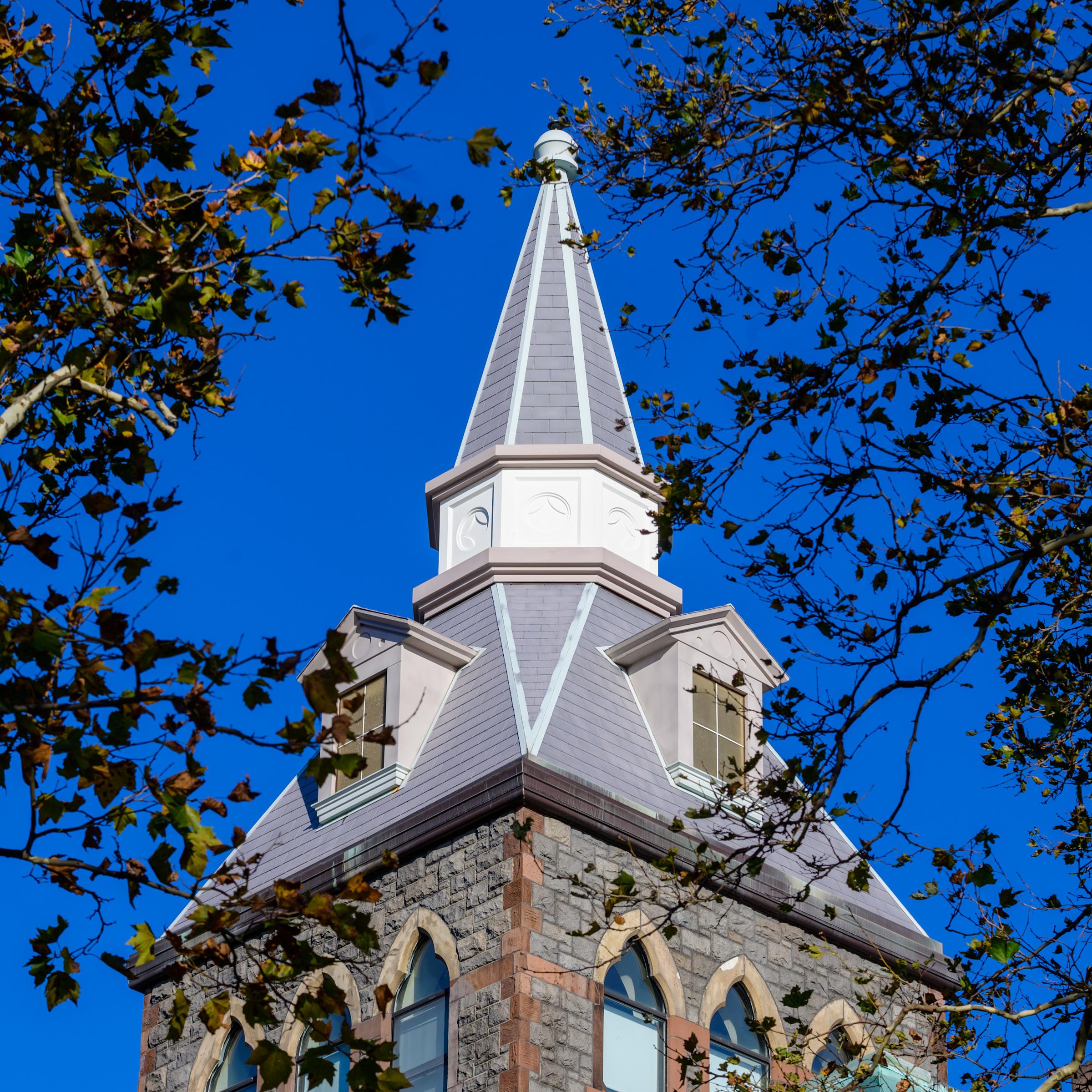 The steeple of the Edwin A. Stevens building at Stevens Institute of Technology.