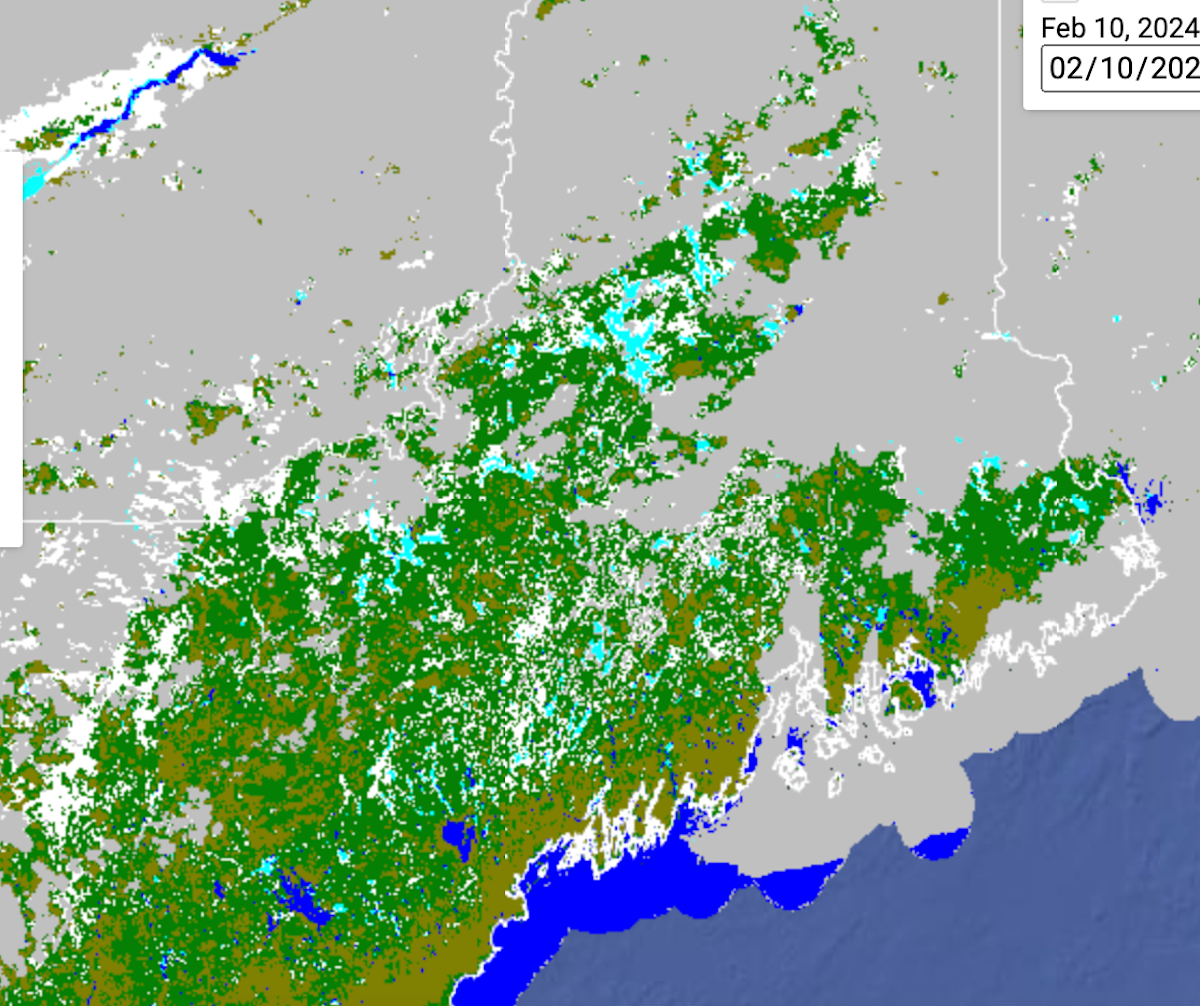 Stevens-enhanced satellite map of Maine in February 2024, with various colors indicating ice, water, land, clouds, etc.