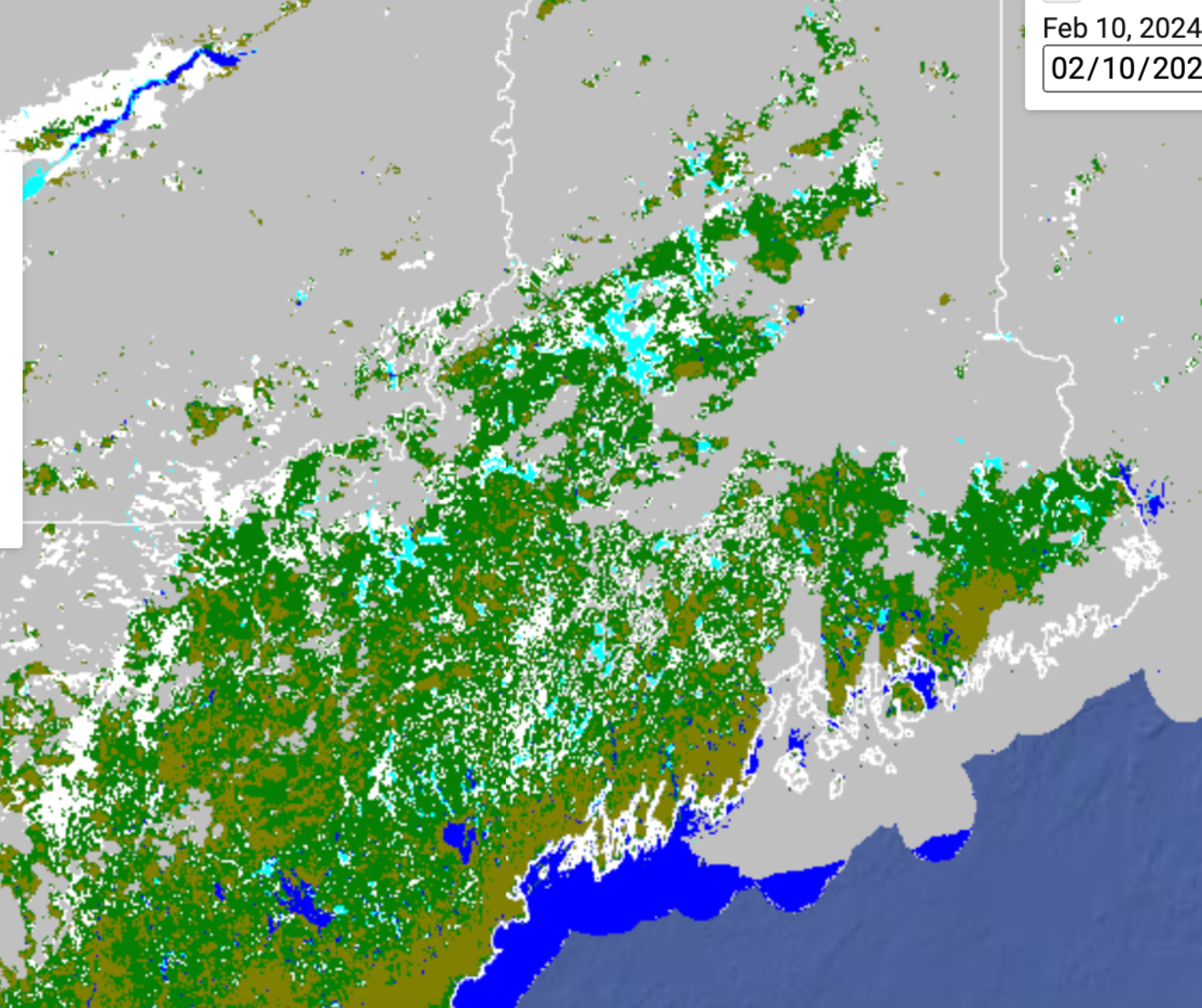 Stevens-enhanced satellite map of Maine in February 2024, with various colors indicating ice, water, land, clouds, etc.
