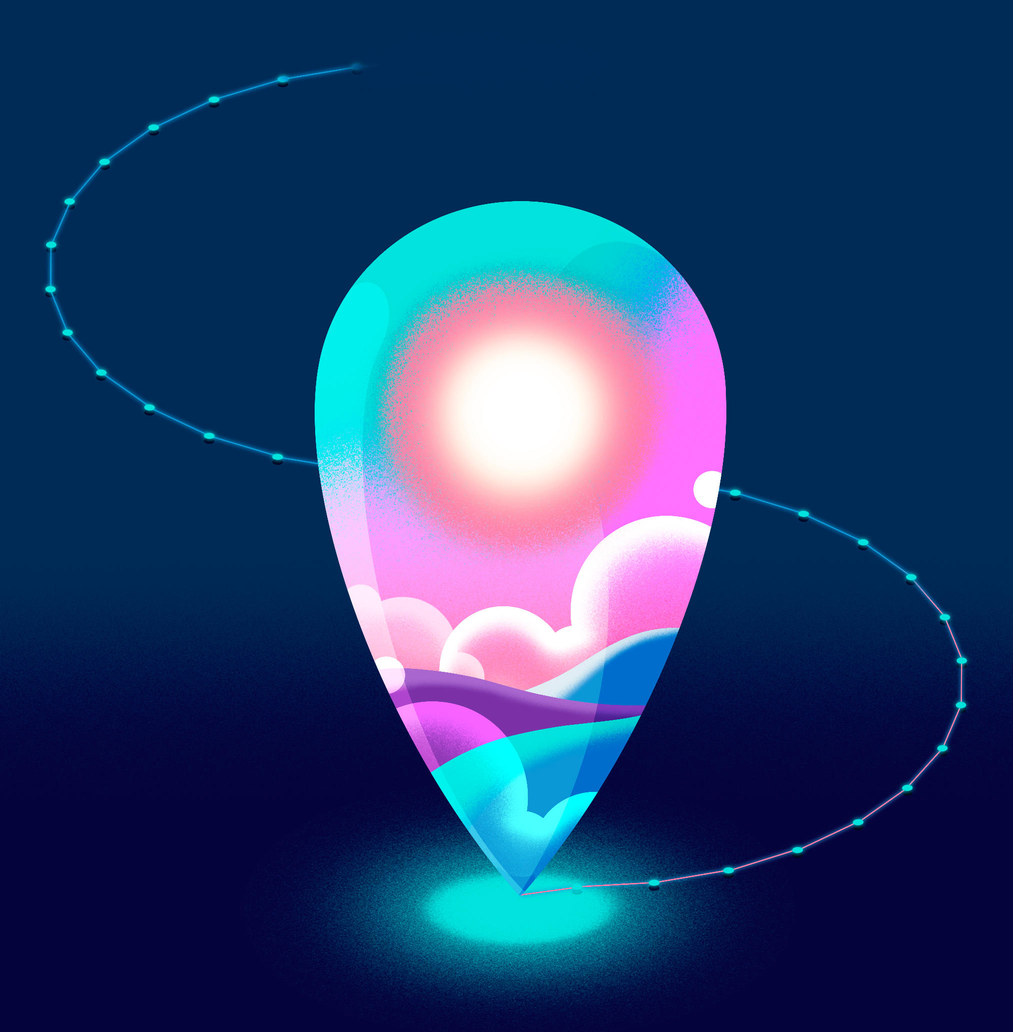 Illustration of a GPS location icon with a colorful landscape embedded in it.