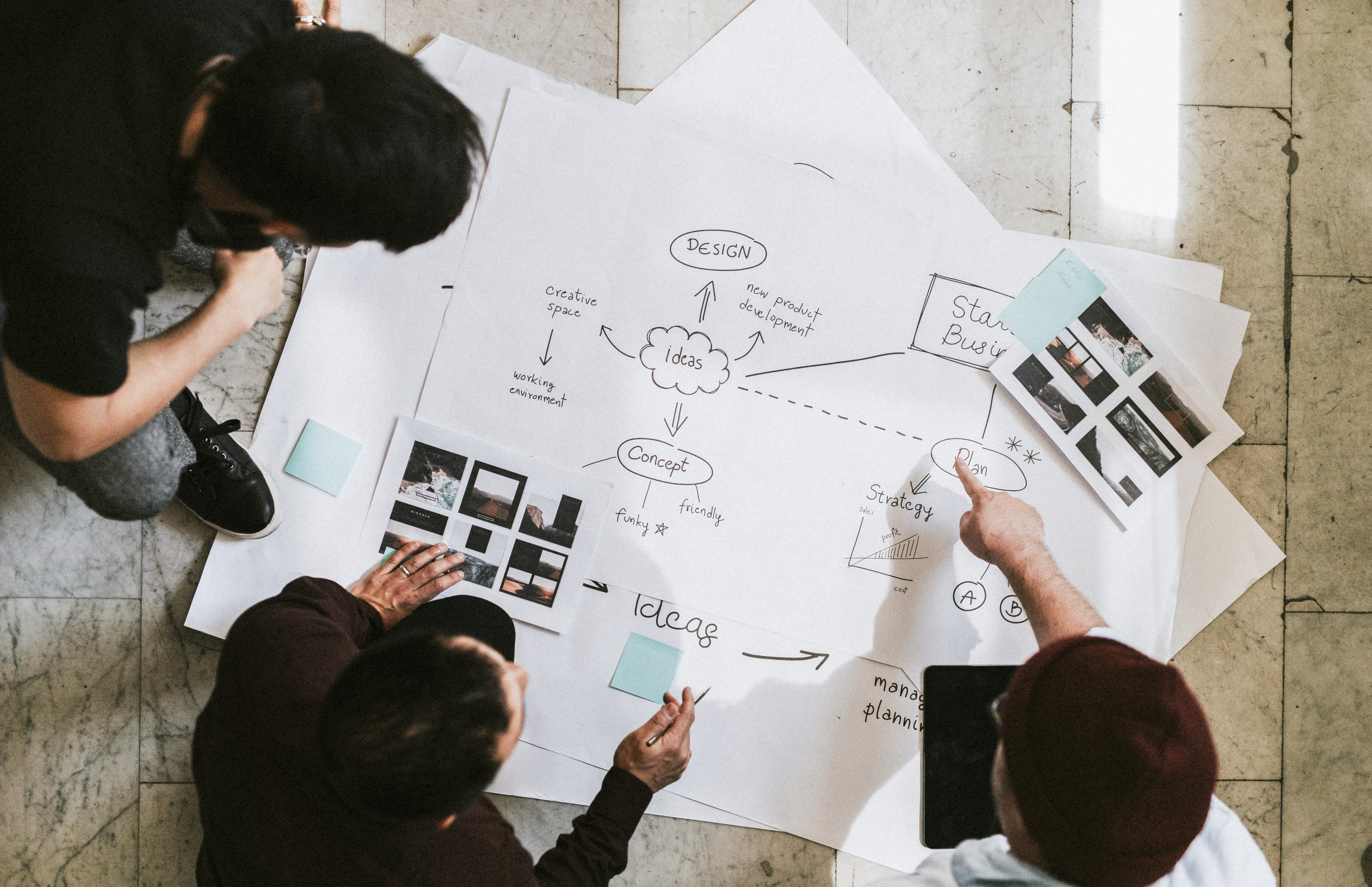 A group of entrepreneurs huddle over a posterboard with doodlings of their project, including notes about ideas, concepts, designs and strategy.