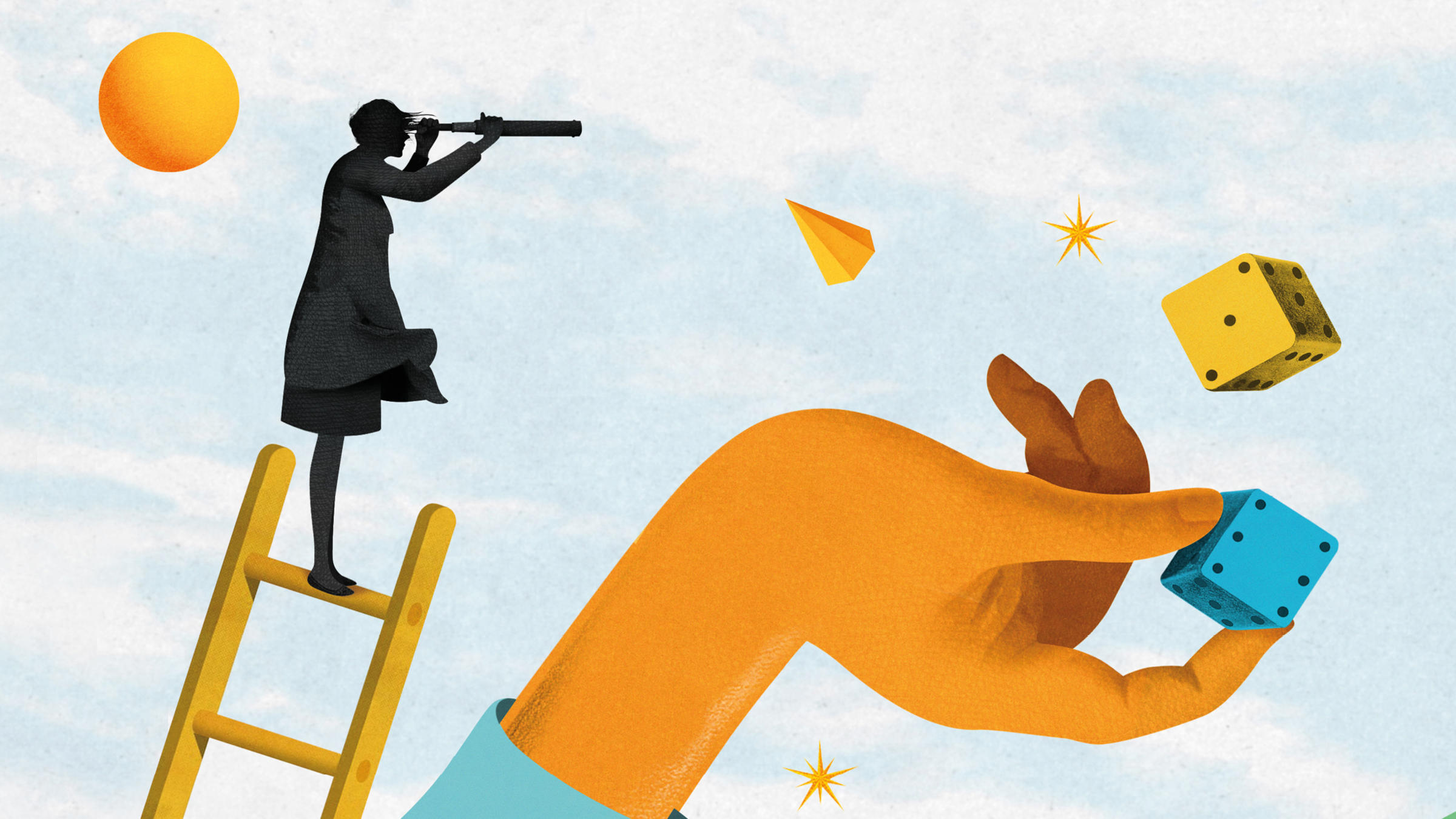 Collage of a person with a telescope and a hand rolling dice