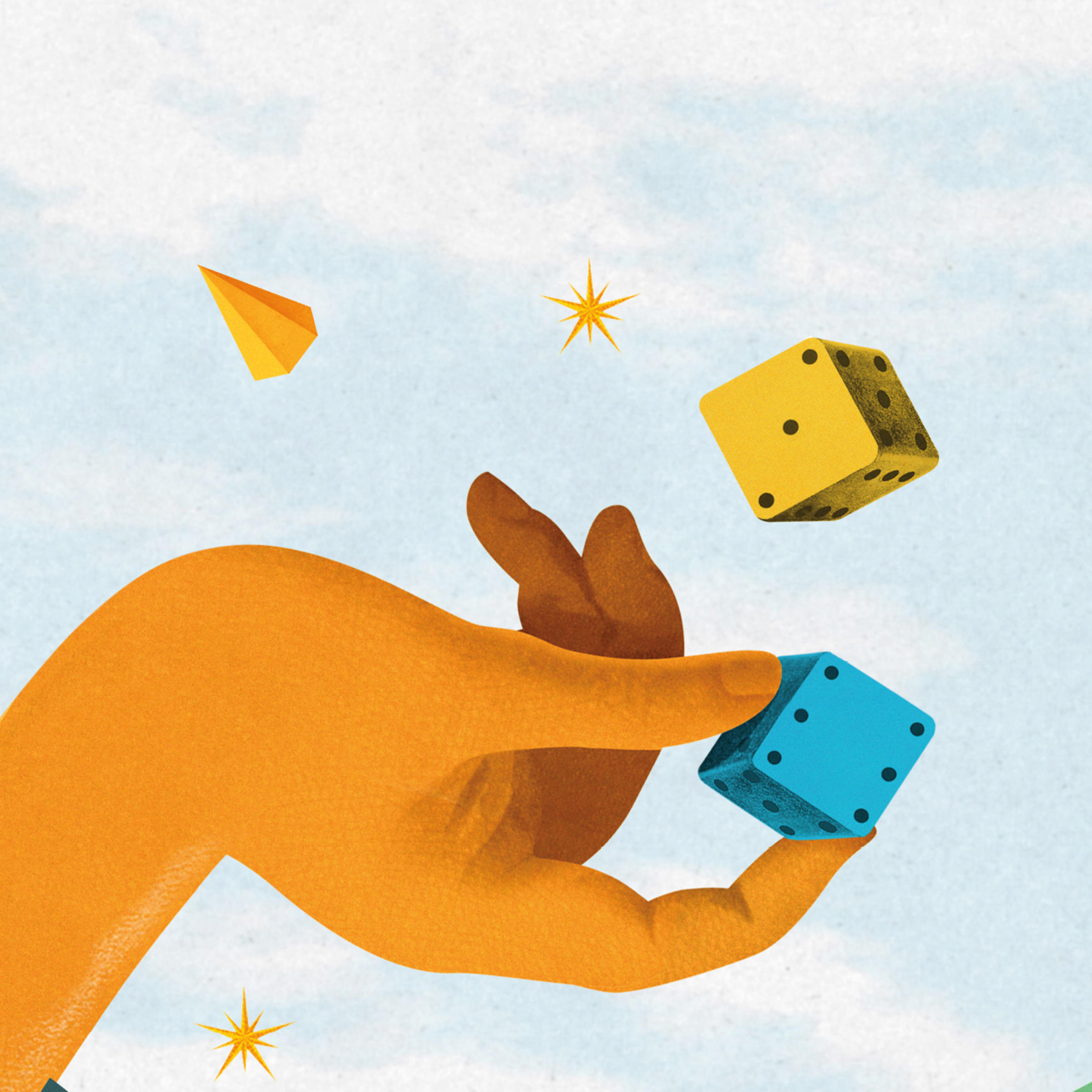 Collage of a person with a telescope and a hand rolling dice