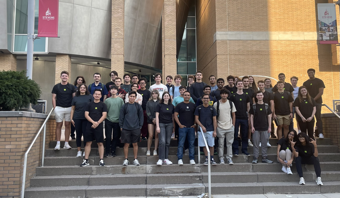 Launchpad@Stevens students gather for a group photo on the Babbio steps
