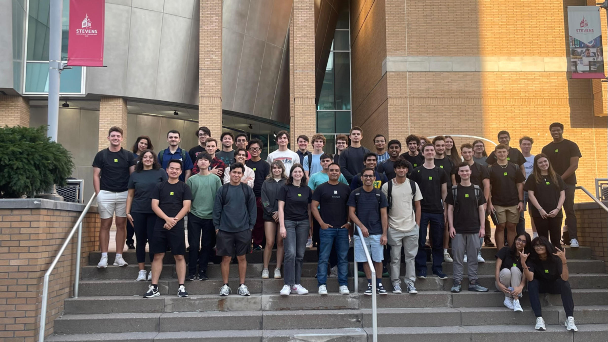 Launchpad@Stevens students gather for a group photo on the Babbio steps