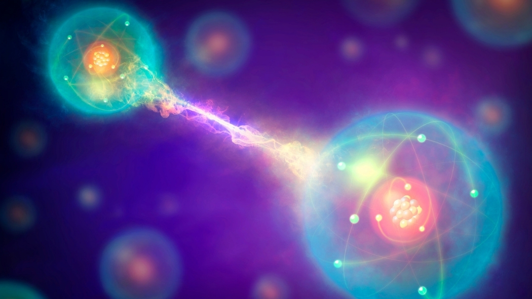 Pair of entangled quantum particles or events (left and right) interacting at a distance.