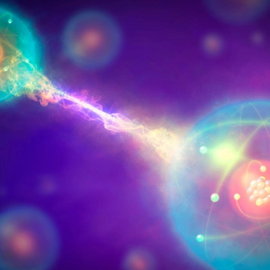 Pair of entangled quantum particles or events (left and right) interacting at a distance.