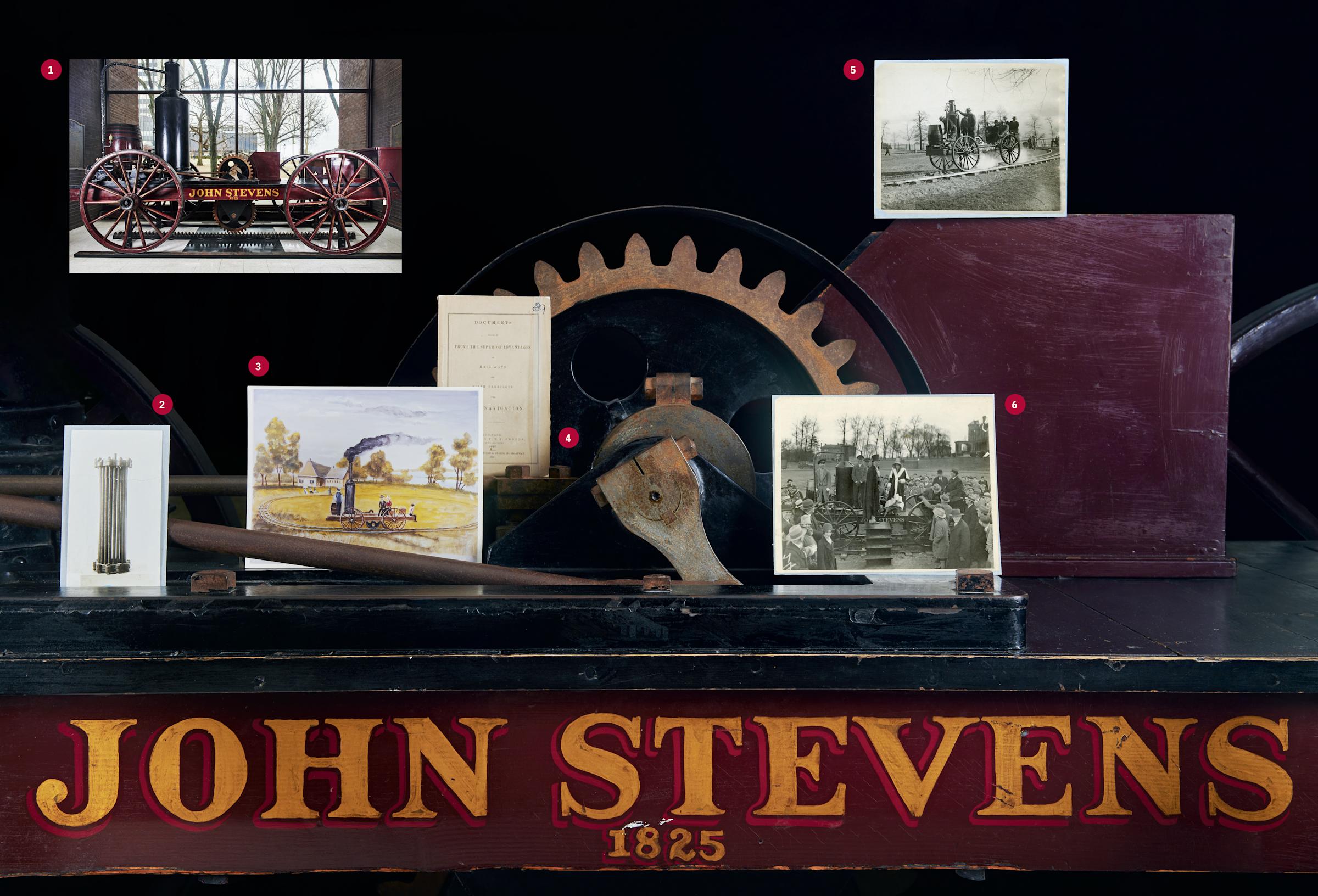 Top of steam engine replica with a number of archival photos displayed on top.