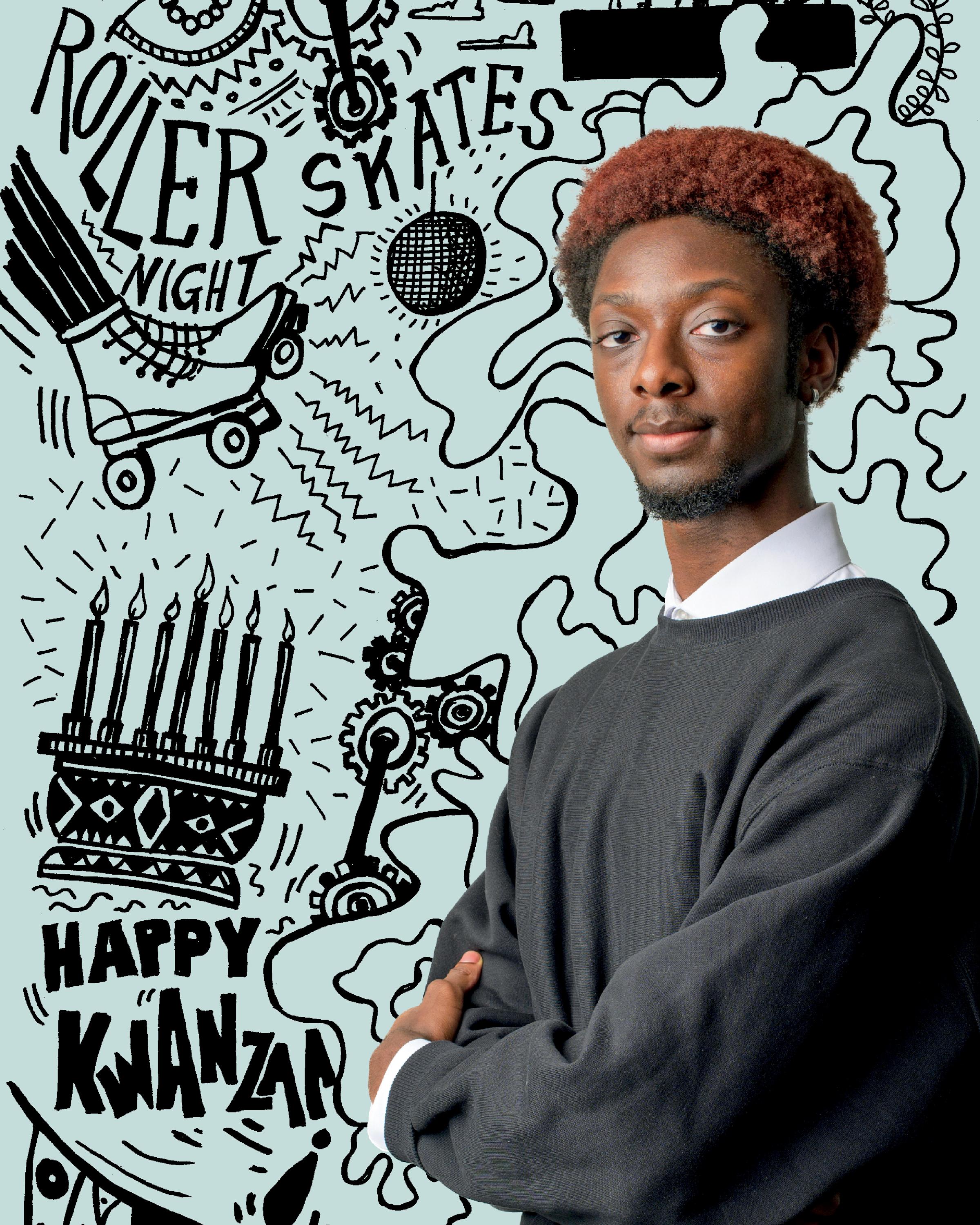 Portrait of Polycarpe in front of dynamic illustration