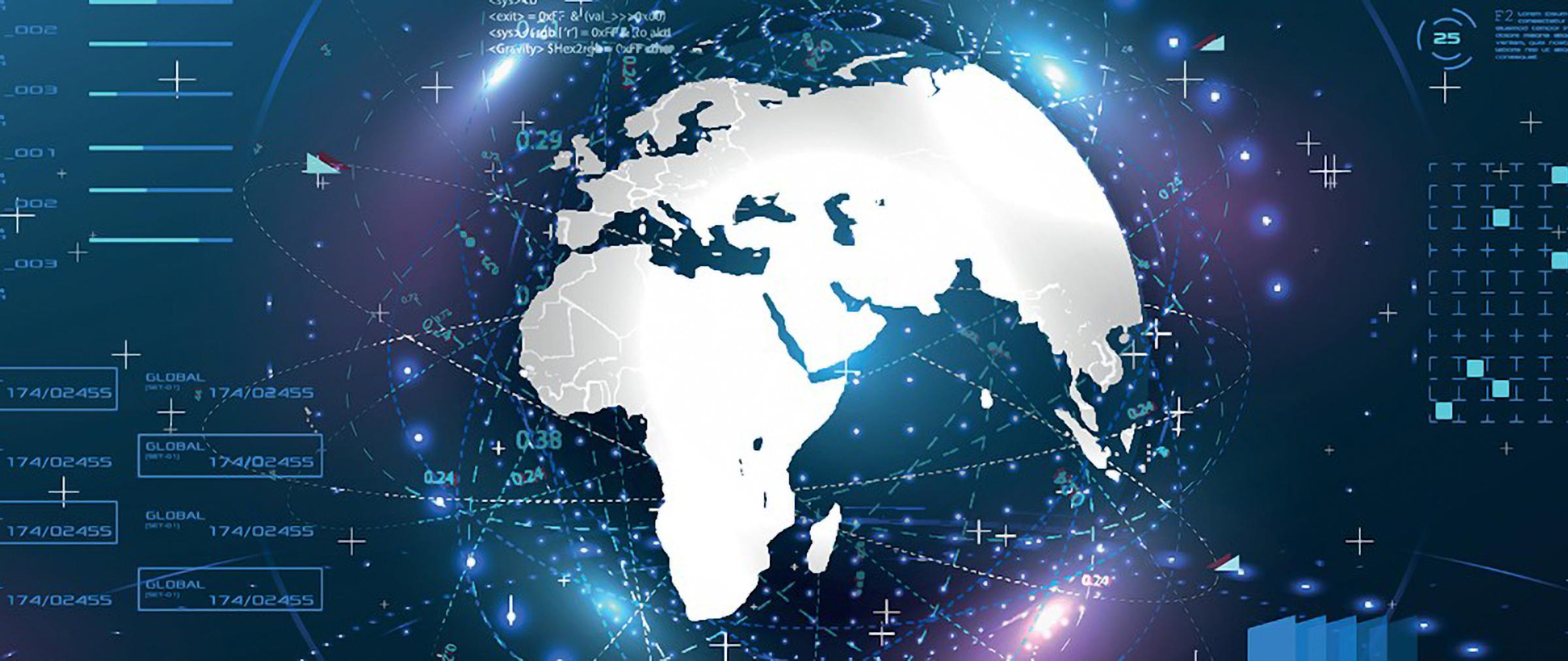 Graphical illustration of globe surrounded by tech info