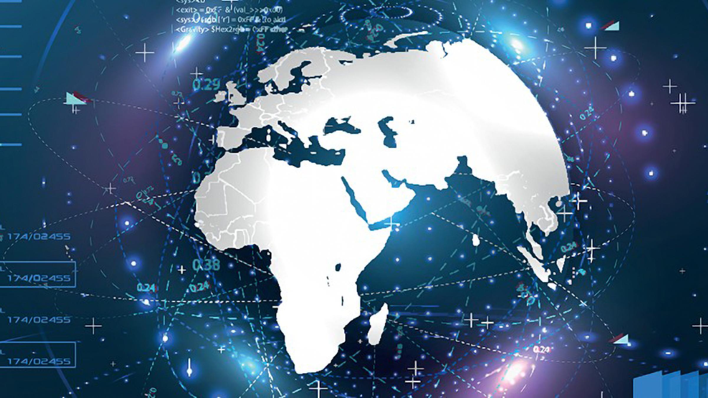 Graphical illustration of globe surrounded by tech info