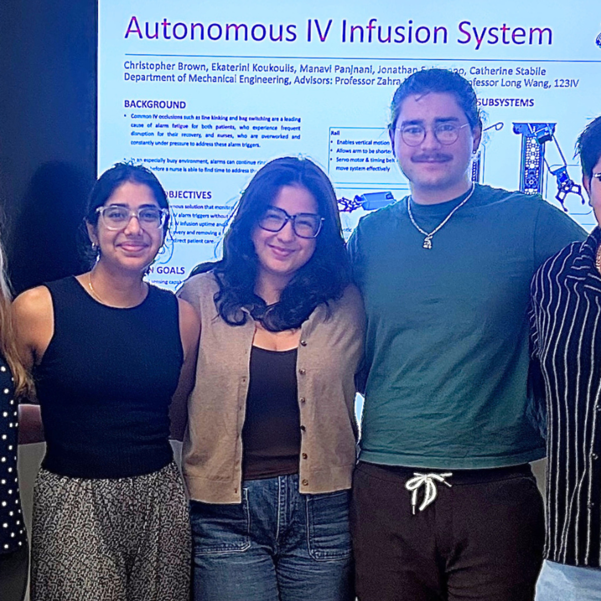 The Innovation Expo Autonomous IV System team includes (from left) Catherine Stabile, Manavi Panjnani, Ekaterini Koukoulis, Christopher Brown and Jonathan Solorzano.