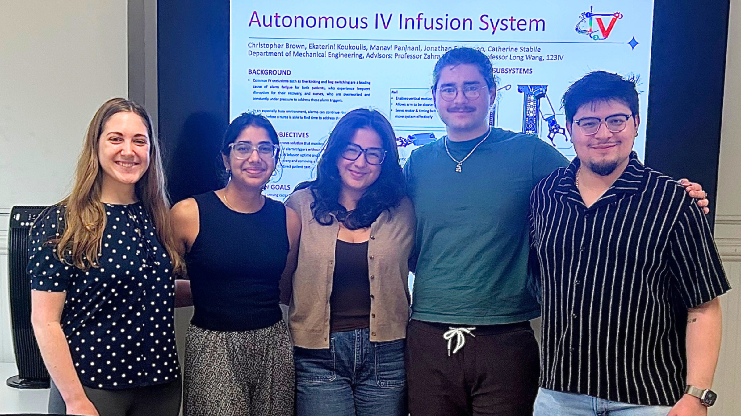 The Innovation Expo Autonomous IV System team includes (from left) Catherine Stabile, Manavi Panjnani, Ekaterini Koukoulis, Christopher Brown and Jonathan Solorzano.