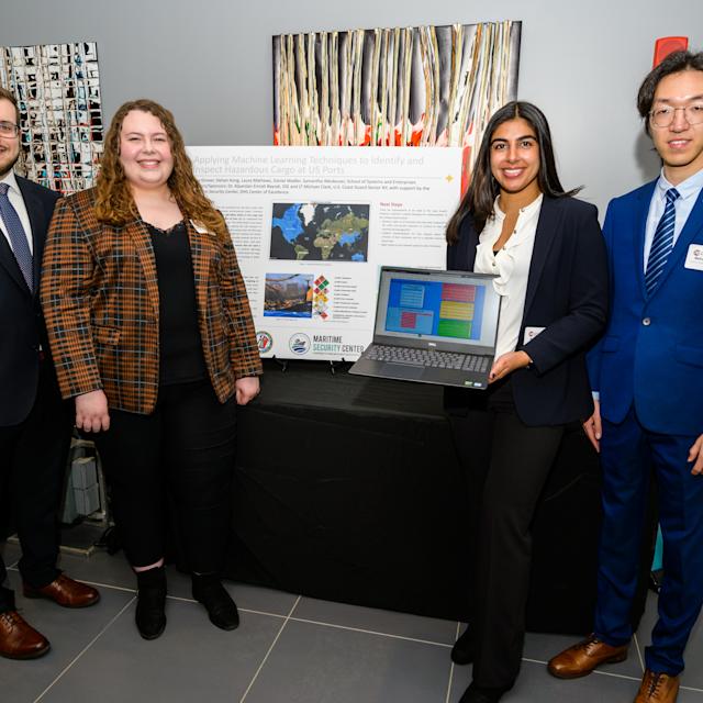 Members of the winning Hazardous Cargo team at the 2023 Innovation Expo. From left to right: Daniel Wadler, Samantha Weckesser, Reva Grover and Dehan Kong.