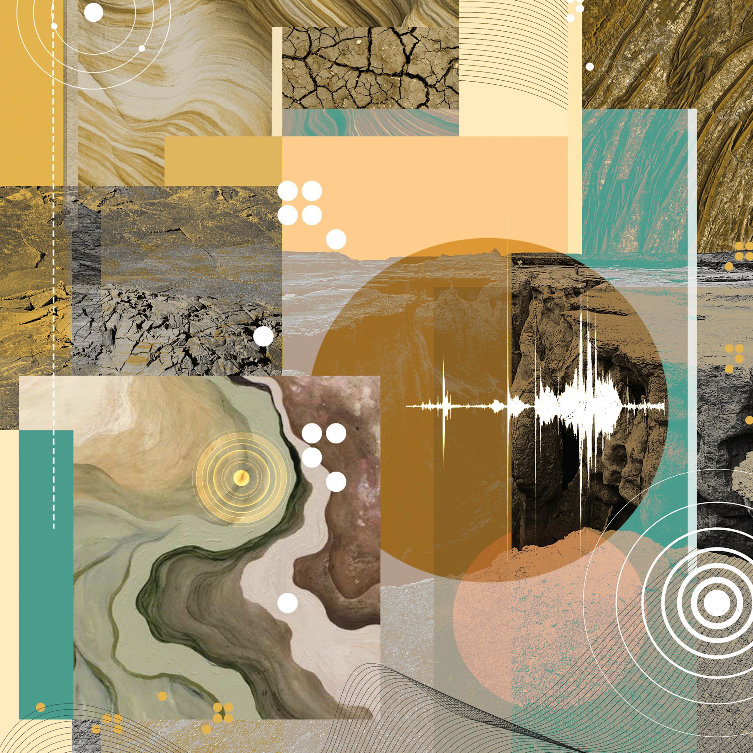 Illustration – in brown, tan, green and white colors – of abstract earth formations, rocks, landscapes, graphs and waves.