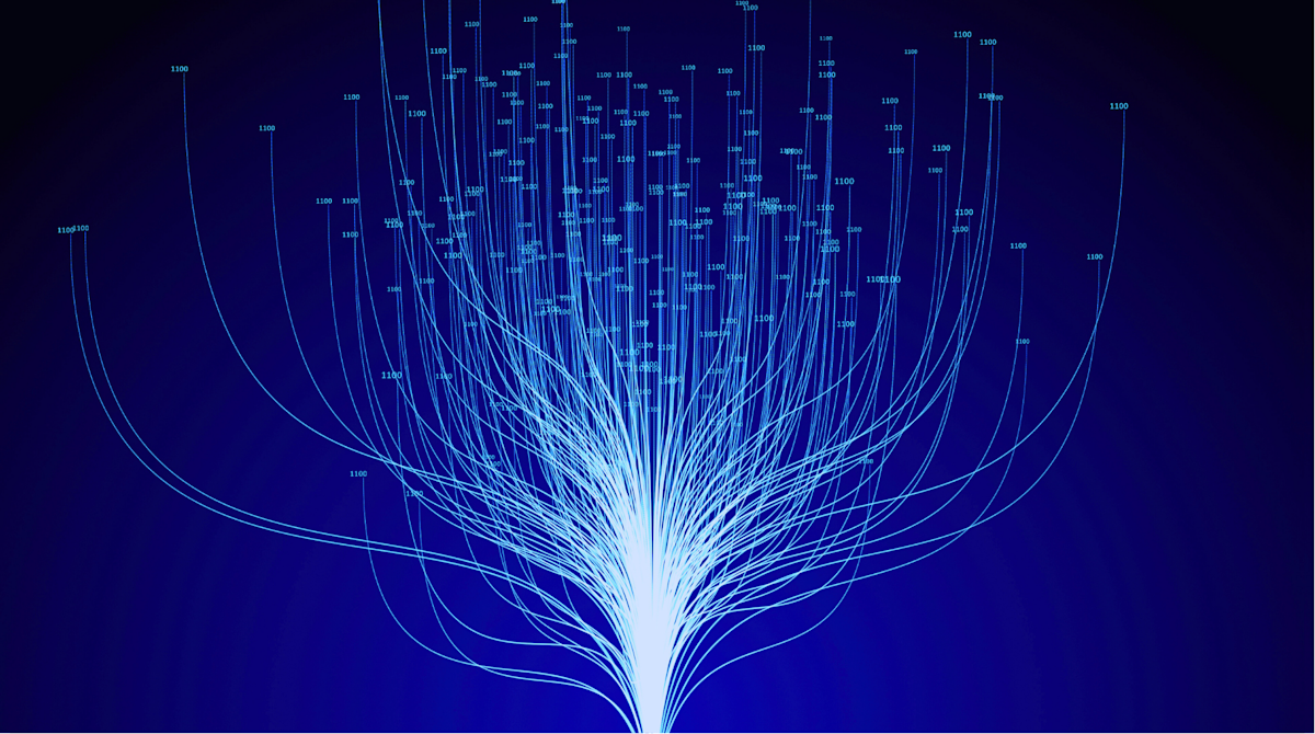Conceptual futuristic look at information technology of internet of things with multiple tentacle-like threads leading to data points.